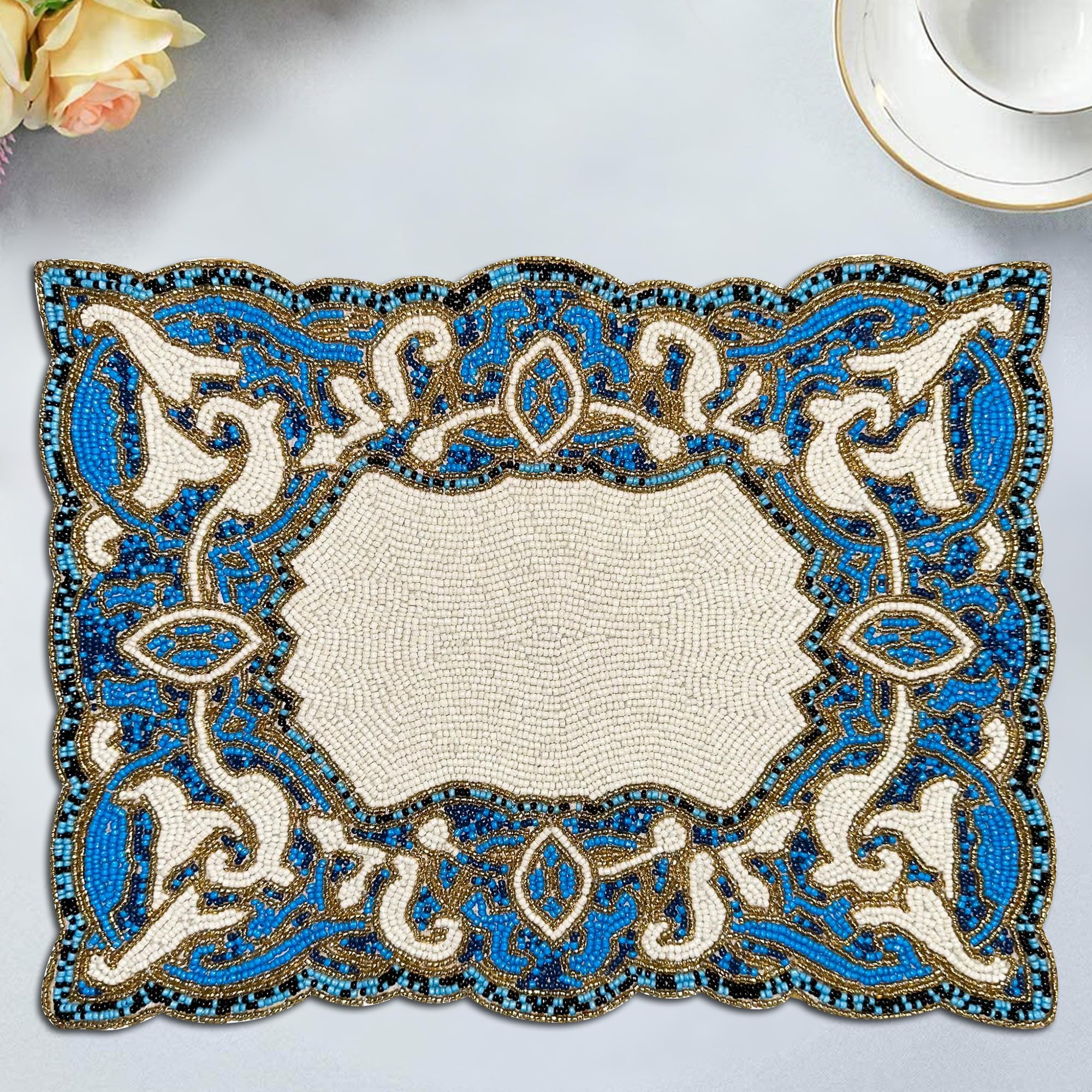 Decozen Beaded Placemats Set of 2 - 12x16 Inch Heat Resistant Charger Plates for Dining Table Decor - Elegant Blue & White Design for Wedding, Mother's Day, Kitchen, Office & Home Decor | Perfect for Holiday Dinners, Parties & Everyday Use