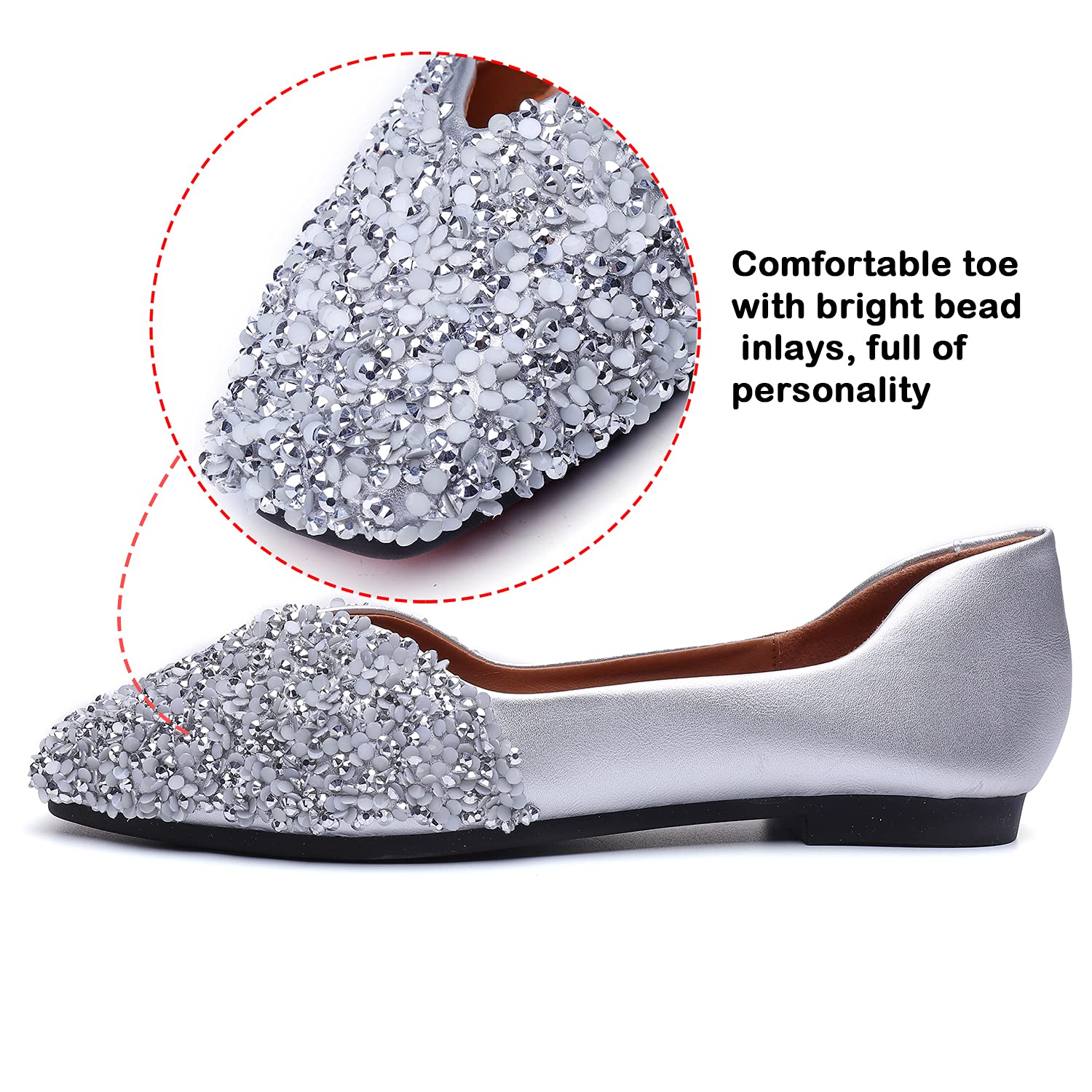 Sparkly Rhinestone Ballet Flats for Women - Comfortable Square Toe Slip-On Low Heel Dress Shoes | Wedding, Party, Office & Casual Wear