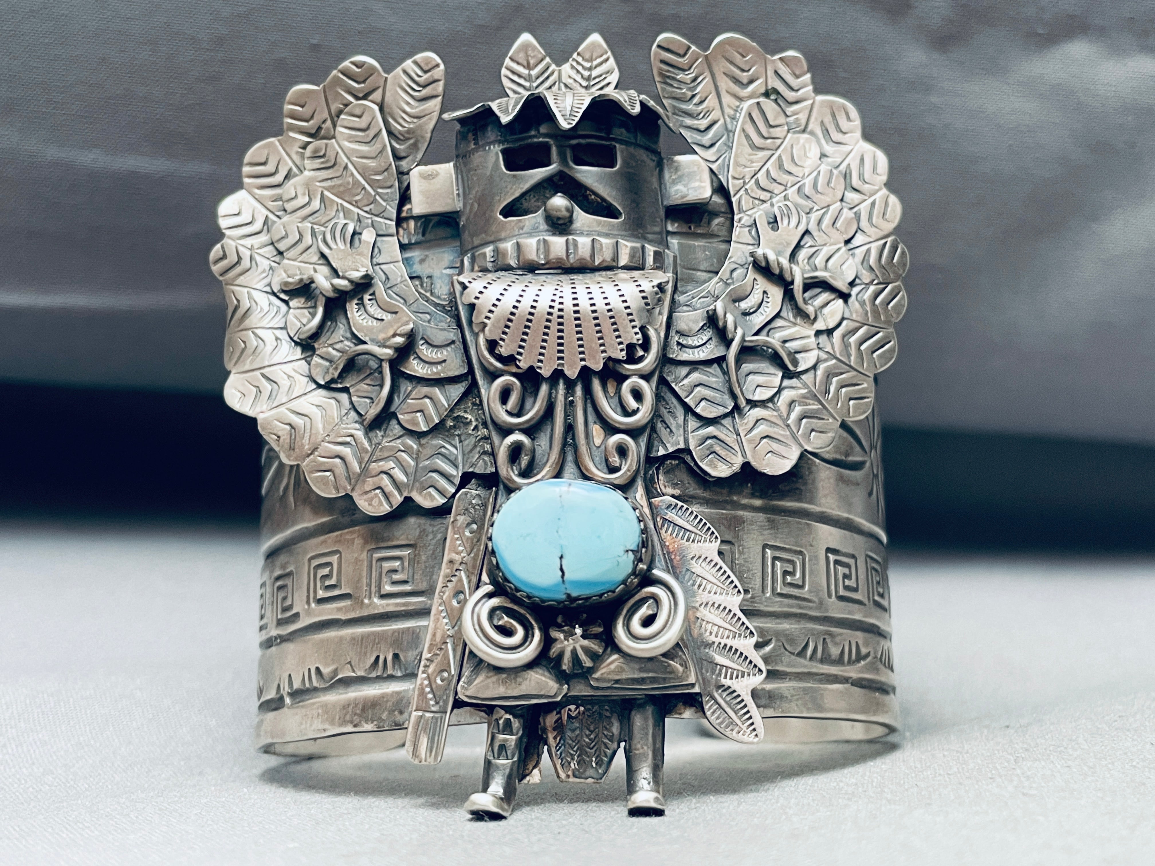 135g Heavy Navajo Turquoise Sterling Silver Kachina Bracelet - Authentic Native American Jewelry for Women, Perfect for Boho Fashion & Special Occasions