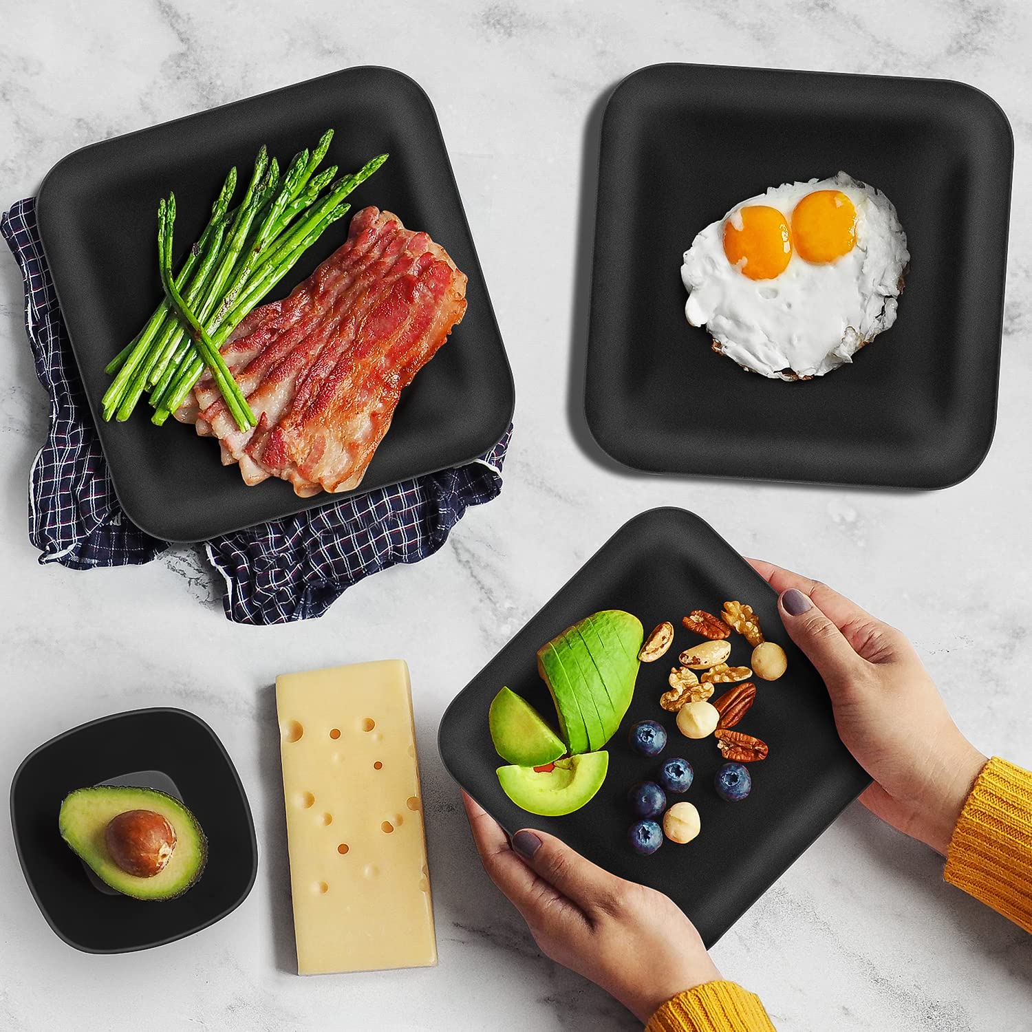 Premium 12-Piece Melamine Dinnerware Set - Matte Black Square Plates & Bowls for Indoor/Outdoor Use | Dishwasher Safe, Durable & Lightweight | Perfect for Camping, Picnics, BBQs & Everyday Dining