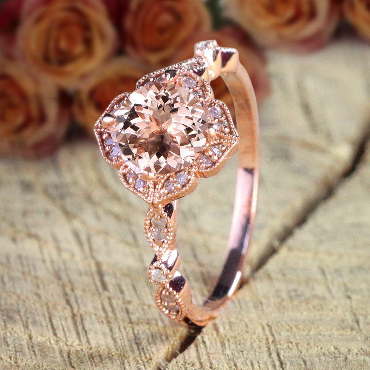1.25 Carat Peach Pink Morganite & Diamond Engagement Ring - Antique Vintage Style 18K Gold Plated Jewelry for Wedding, Proposal & Anniversary Gifts