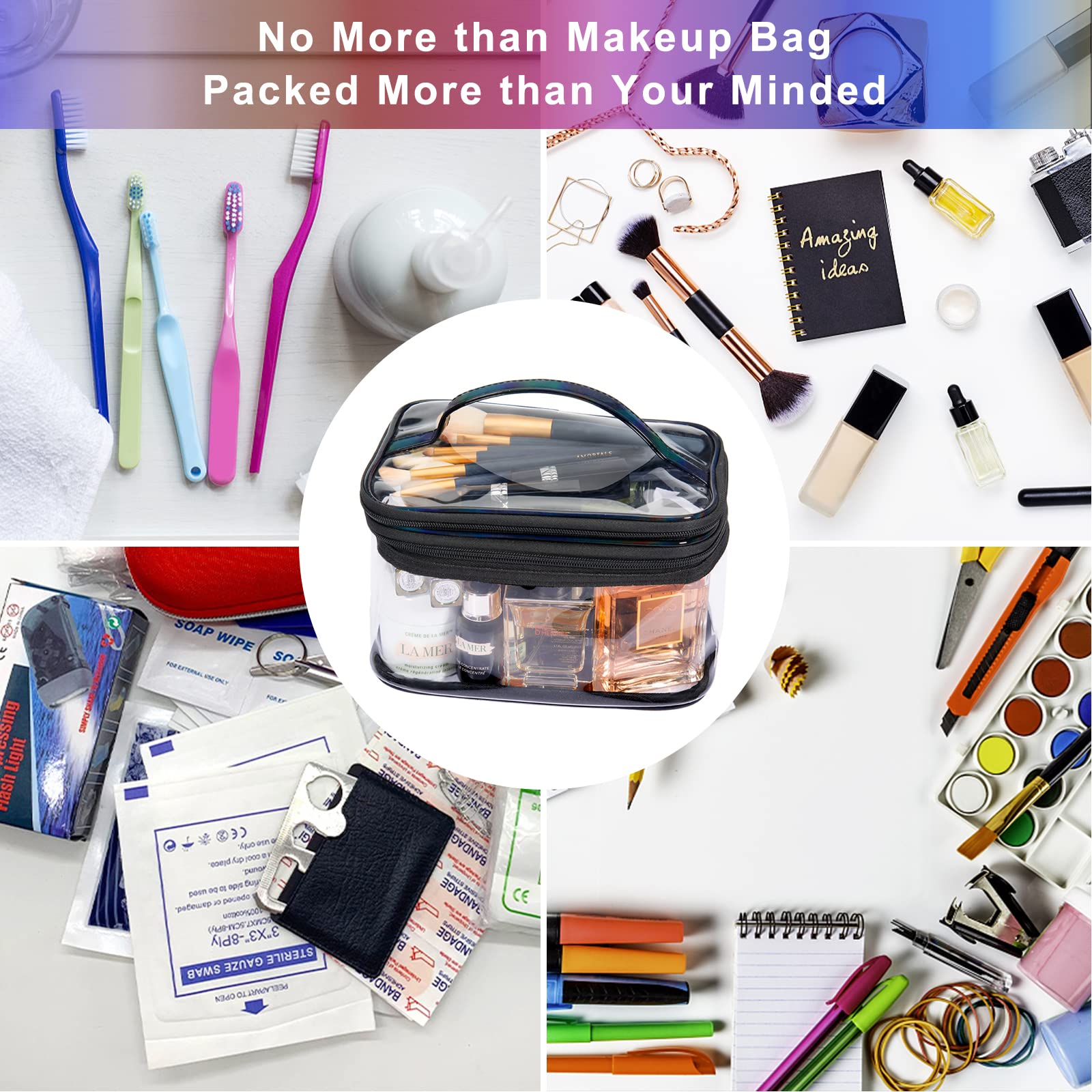 Lermende Large Clear Makeup Bag - 2 Layer Water-Resistant PVC Travel Cosmetic Organizer for Women | Portable Laser Makeup Pouch for Travel, Gym & Daily Use (Black)