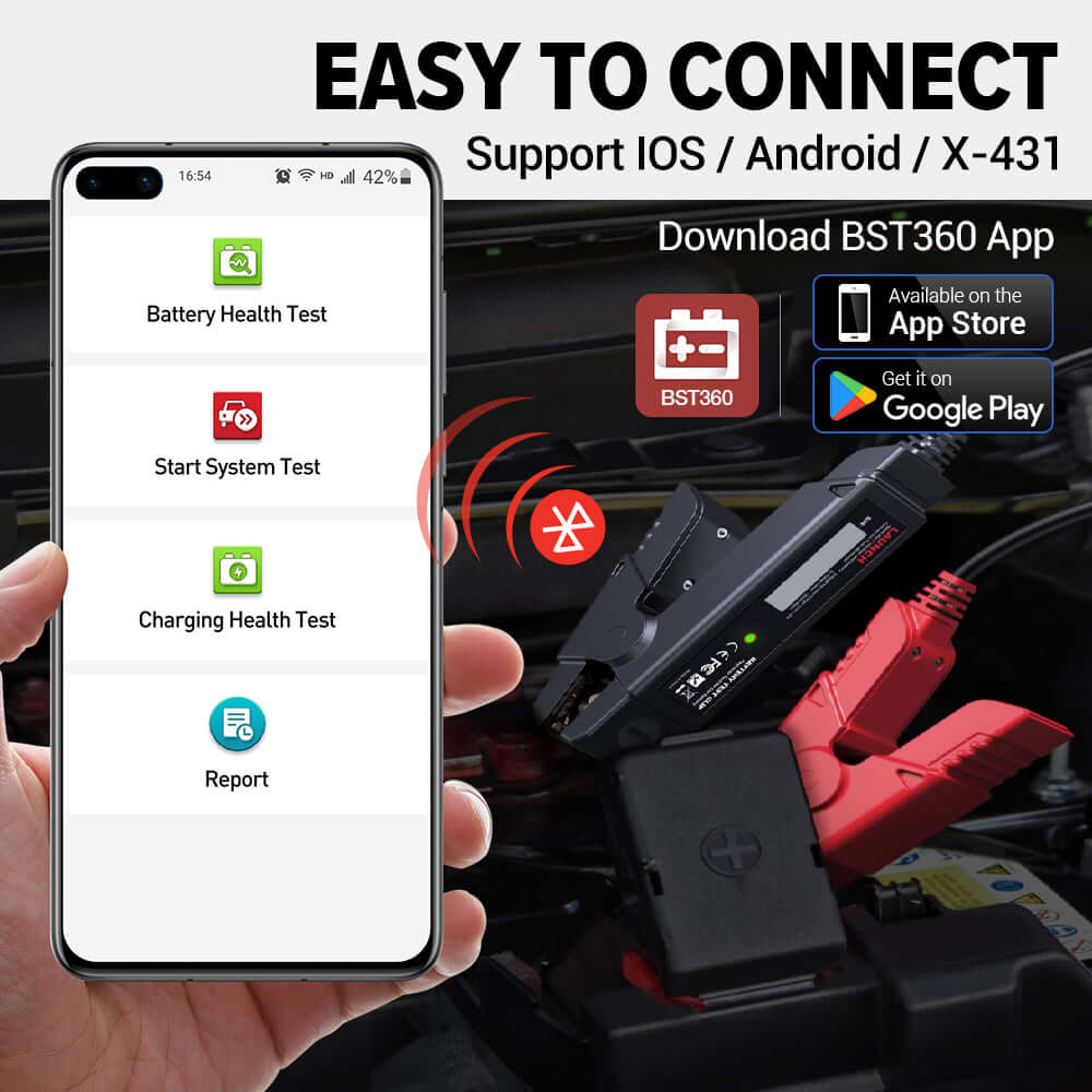 LAUNCH® BST360 Bluetooth Battery Tester for 6V & 12V Vehicles - Diagnose Car, Motorcycle, ATV & Boat Batteries with Wireless Convenience