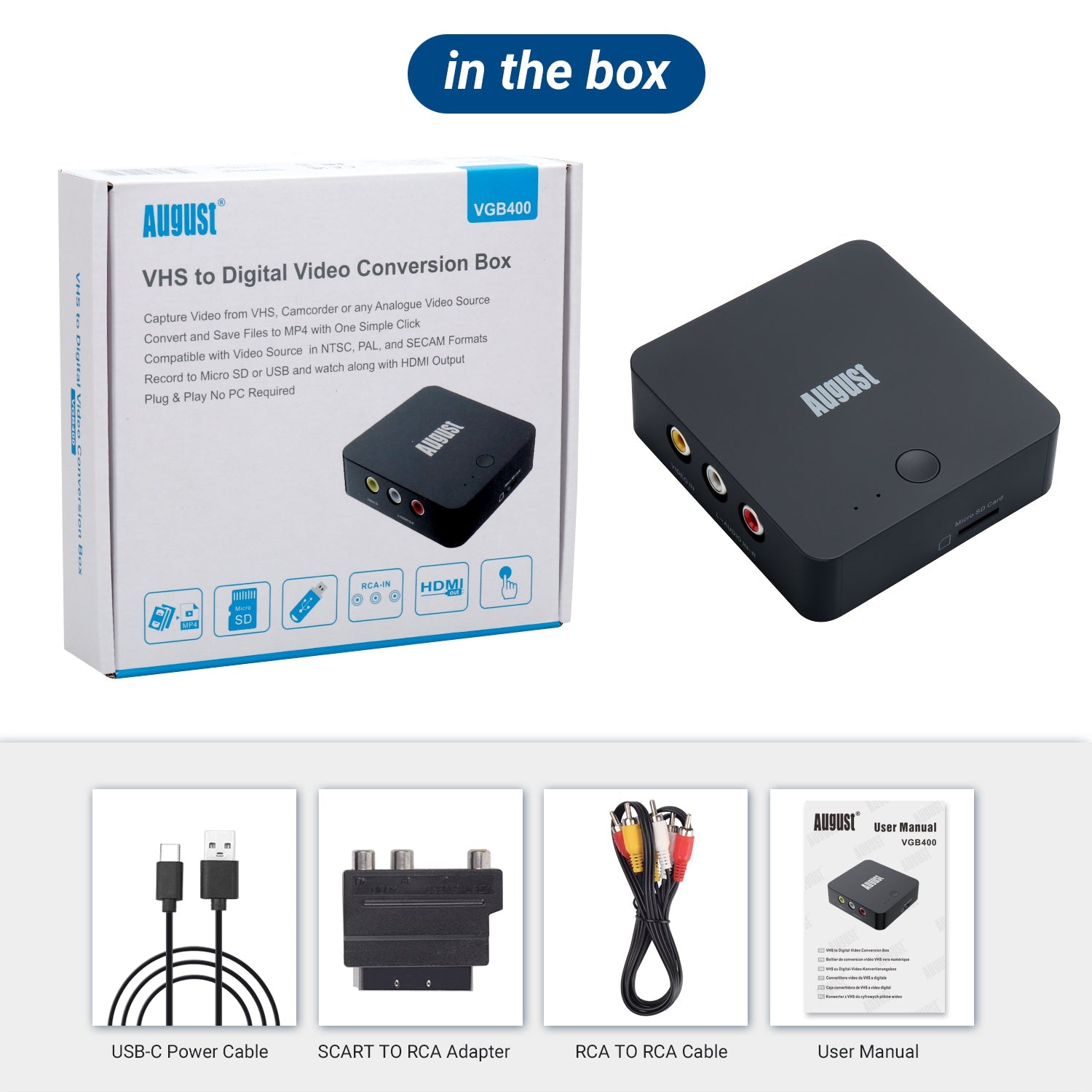 VHS to Digital USB Video Grabber Converter Kit - No PC Required - August VGB400 [Refurbished] - Convert Old VHS Tapes to Digital Files for Home Movies & Family Memories
