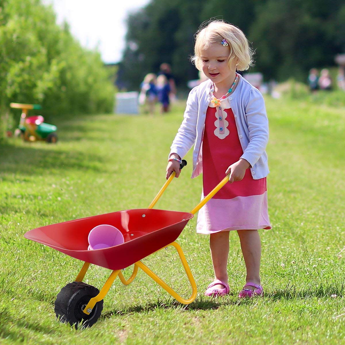 Nightcore Kids Metal Wheelbarrow - Durable Steel Construction Toy Cart for Toddlers, Red Yard Rover with Steel Tray - Perfect for Carrying Dirt, Tools & Leaves in Garden Play - Outdoor Gardening Pretend Play Toy for Children
