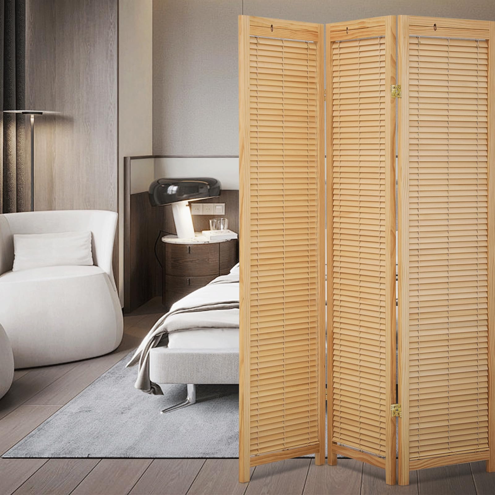3 Panel Wood Room Divider - 5.7ft Adjustable Folding Privacy Screen with Shutter Design, Freestanding Partition for Bedroom, Office & Living Room - Natural Finish for Home Decor & Space Separation