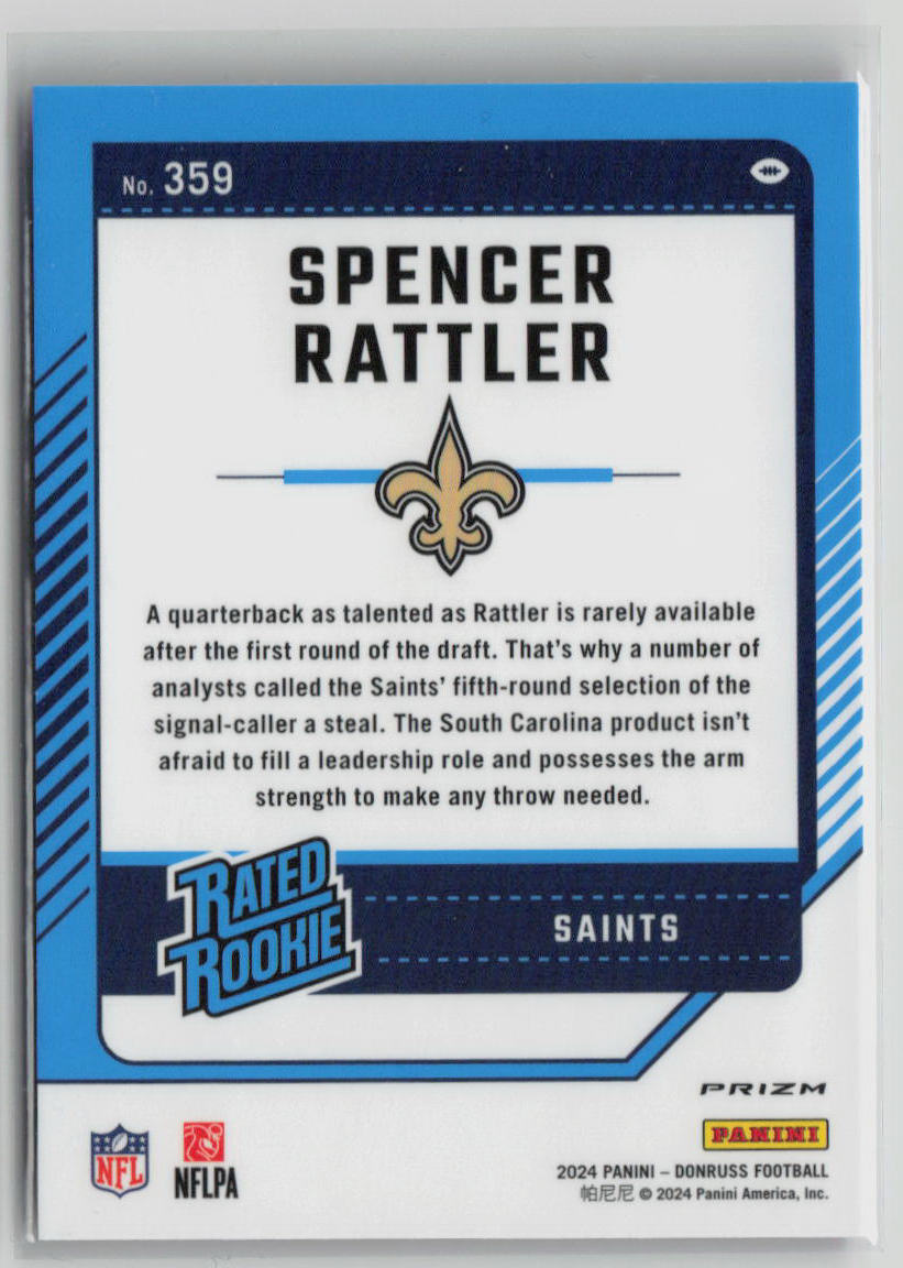 2024 Panini Donruss Optic Prizm Spencer Rattler Pink Rated Rookie Preview #359 Football Trading Card - Collectible Sports Memorabilia for Fans & Investors | Perfect for Display, Trading, and Portfolio Diversification