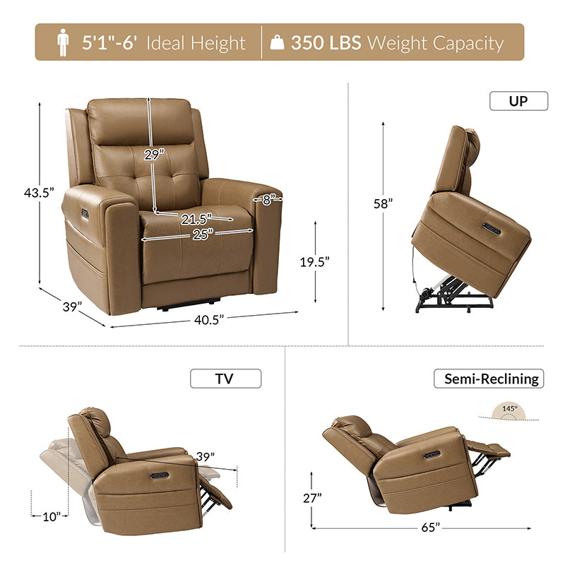 Horace Lift Support Deluxe Power Recliner Chair - Electric Massage Reclining Sofa with USB Charger & Cup Holders - Perfect for Living Room, Home Theater & Elderly Comfort