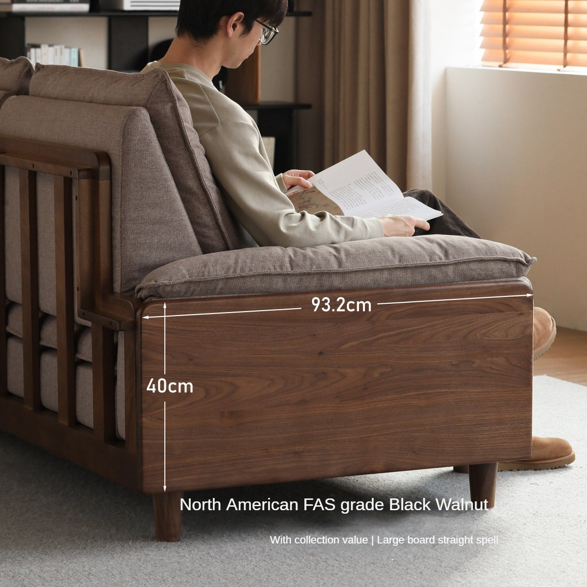 Premium Black Walnut & Ash Solid Wood High Back Sofa - Modern Farmhouse Living Room Furniture for Comfortable Seating & Relaxation - Perfect for Home, Office, or Lounge Areas
