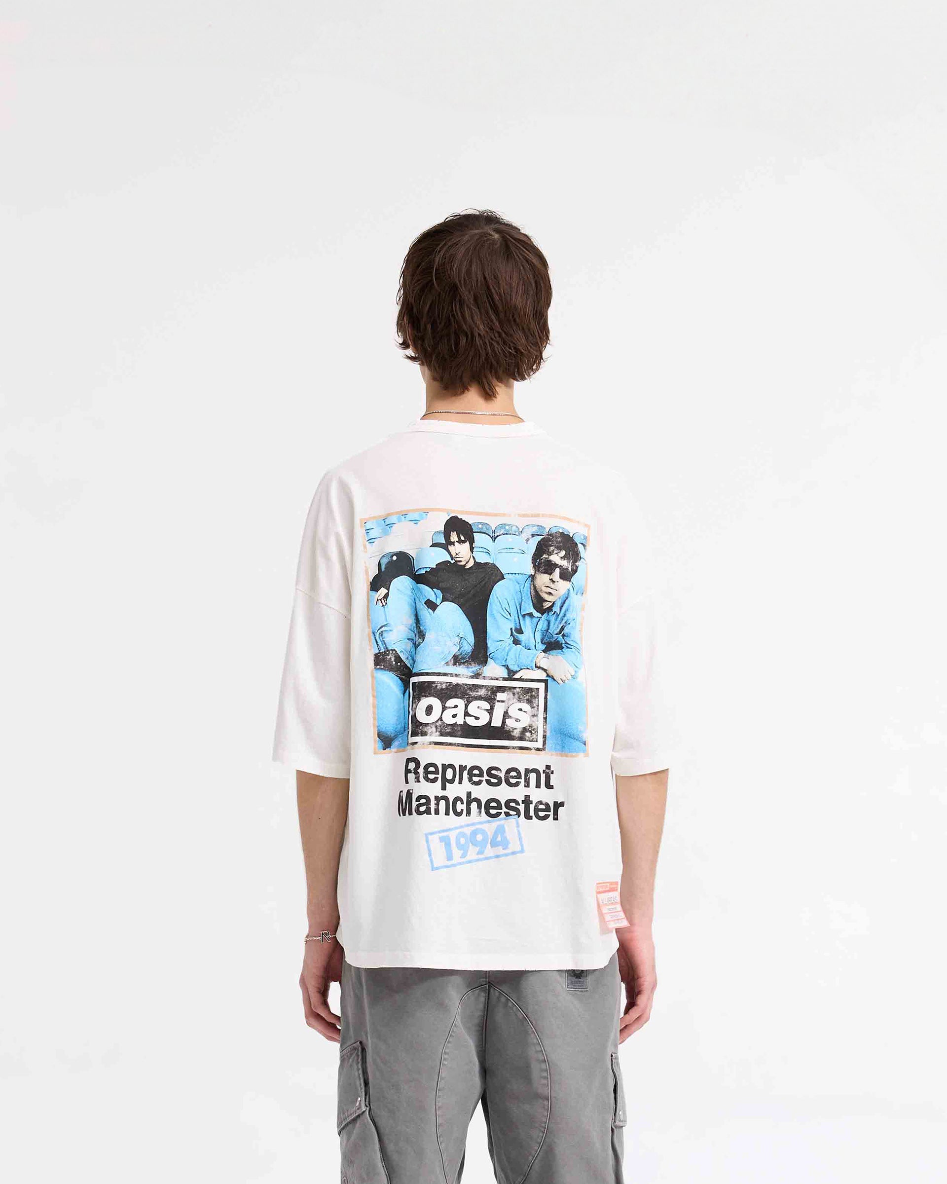 Represent X Oasis Maine Road Vintage Band T-Shirt - Flat White | Retro Music Tee for Concerts & Casual Wear