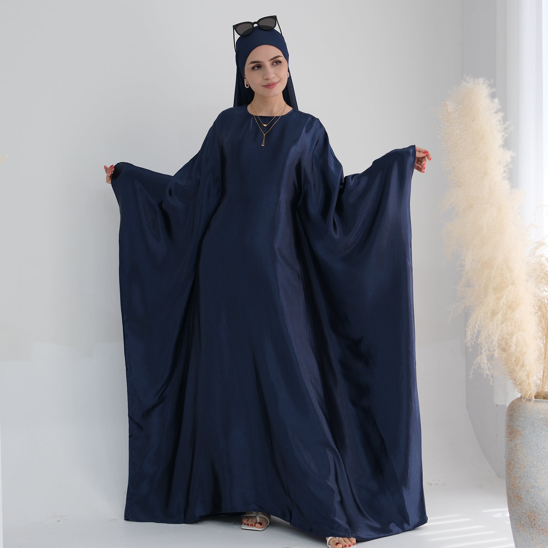 Elegant Navy Blue Alisha Butterfly Satin Abaya - Modest Islamic Dress for Women, Prayer, Special Occasions & Everyday Wear