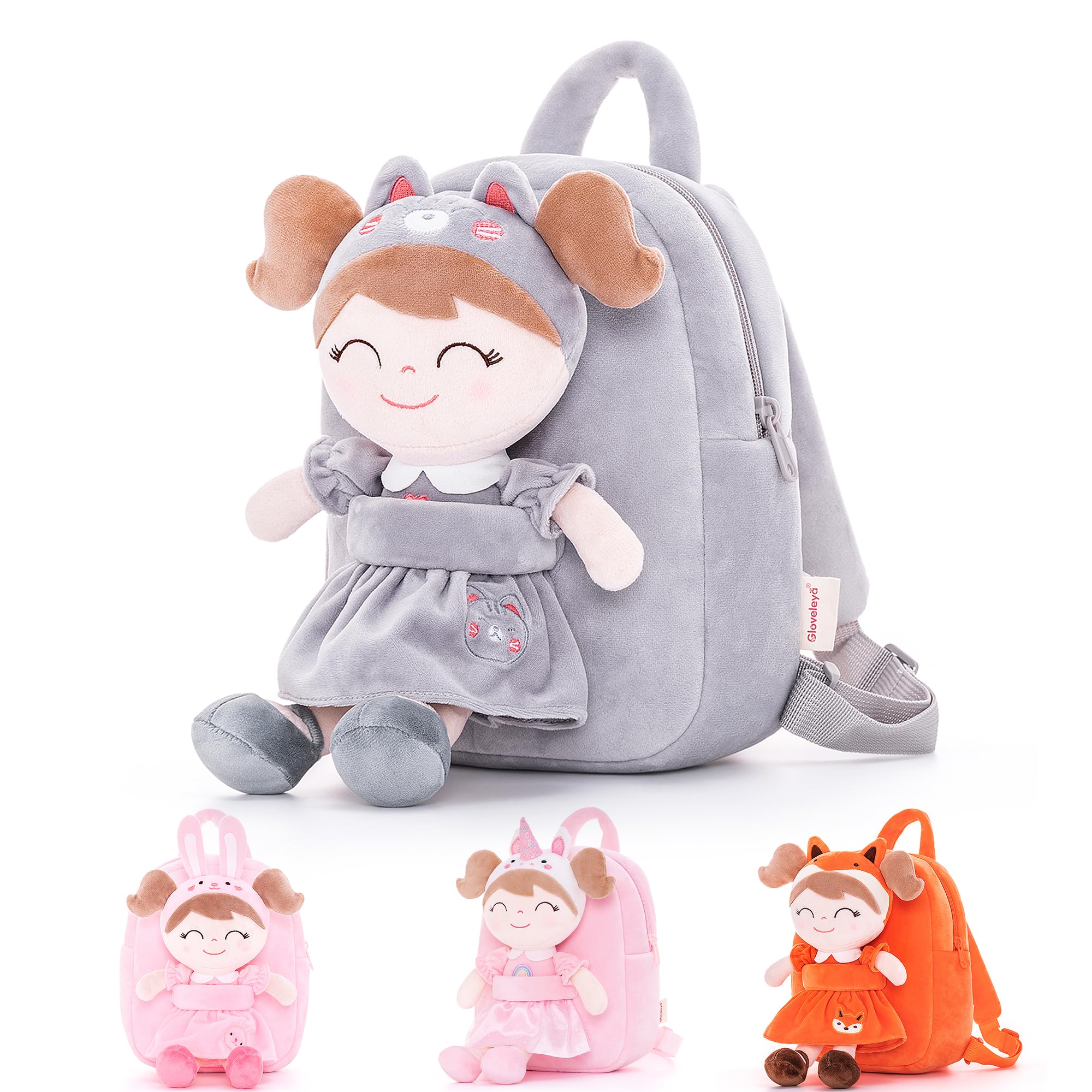 Gloveleya Soft Plush Cat Backpack for Toddlers - Gray Cute Plush Doll Carrier | Perfect for Travel, School & Outdoor Adventures