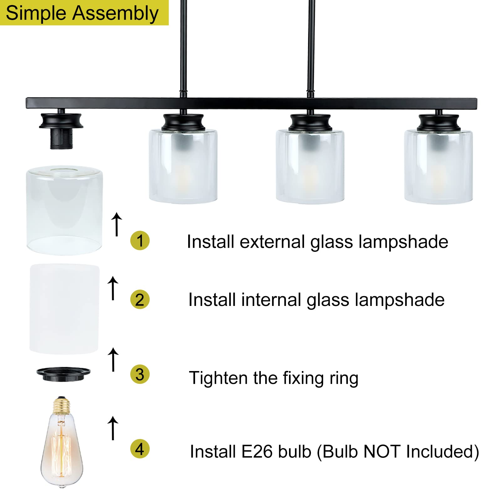 Vintage Farmhouse Pendant Light Fixture - 4-Light Metal Chandelier with Glass Shade, E26 Base - Perfect for Kitchen Island, Dining Room, Foyer, Restaurant & Bar Lighting