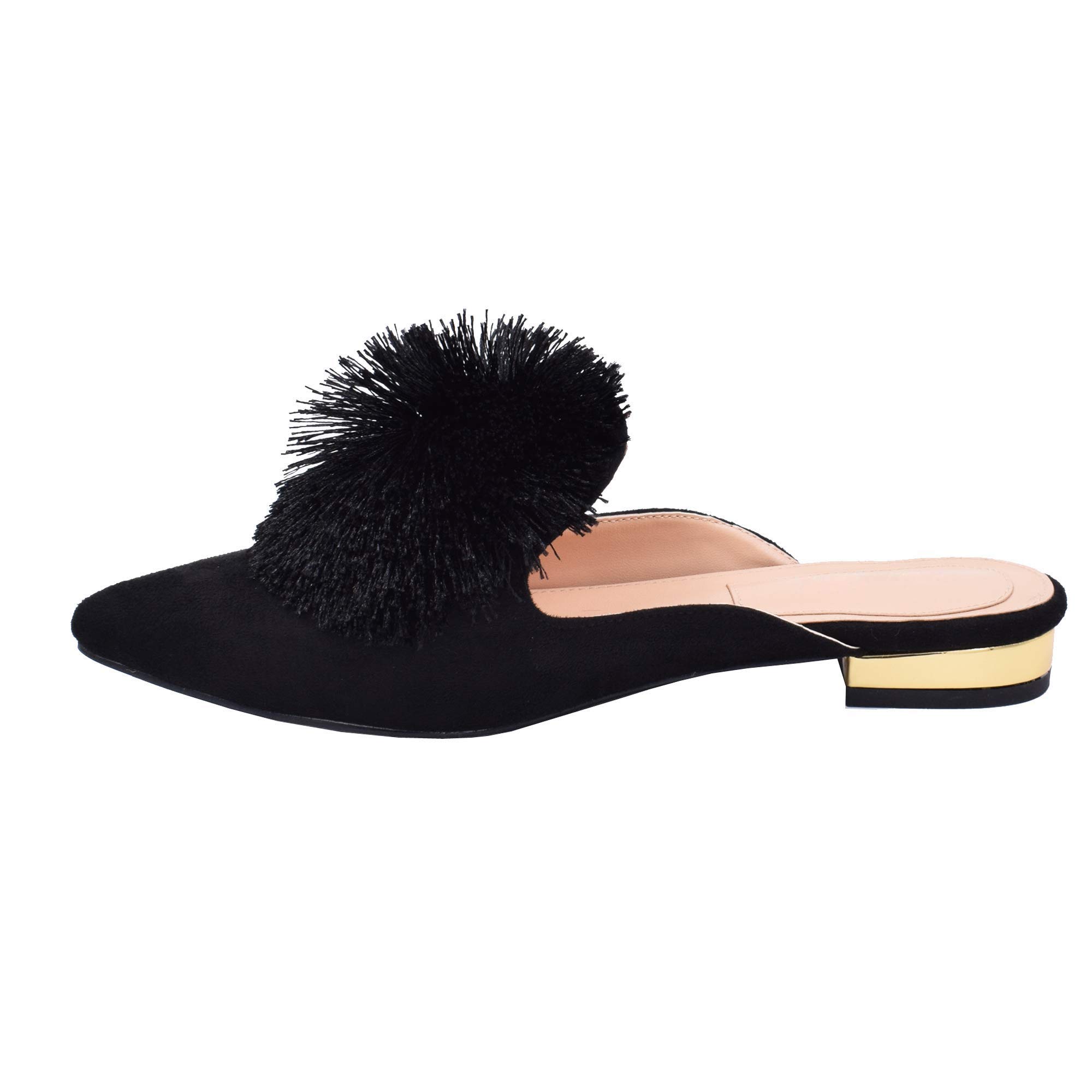 Fericzot Women's Slip On Mule Loafers - Backless Pointed Toe Flats with Puff Pompom for Casual Wear & Home Slippers | Comfortable House Shoes for Women, Office, Shopping & Daily Use