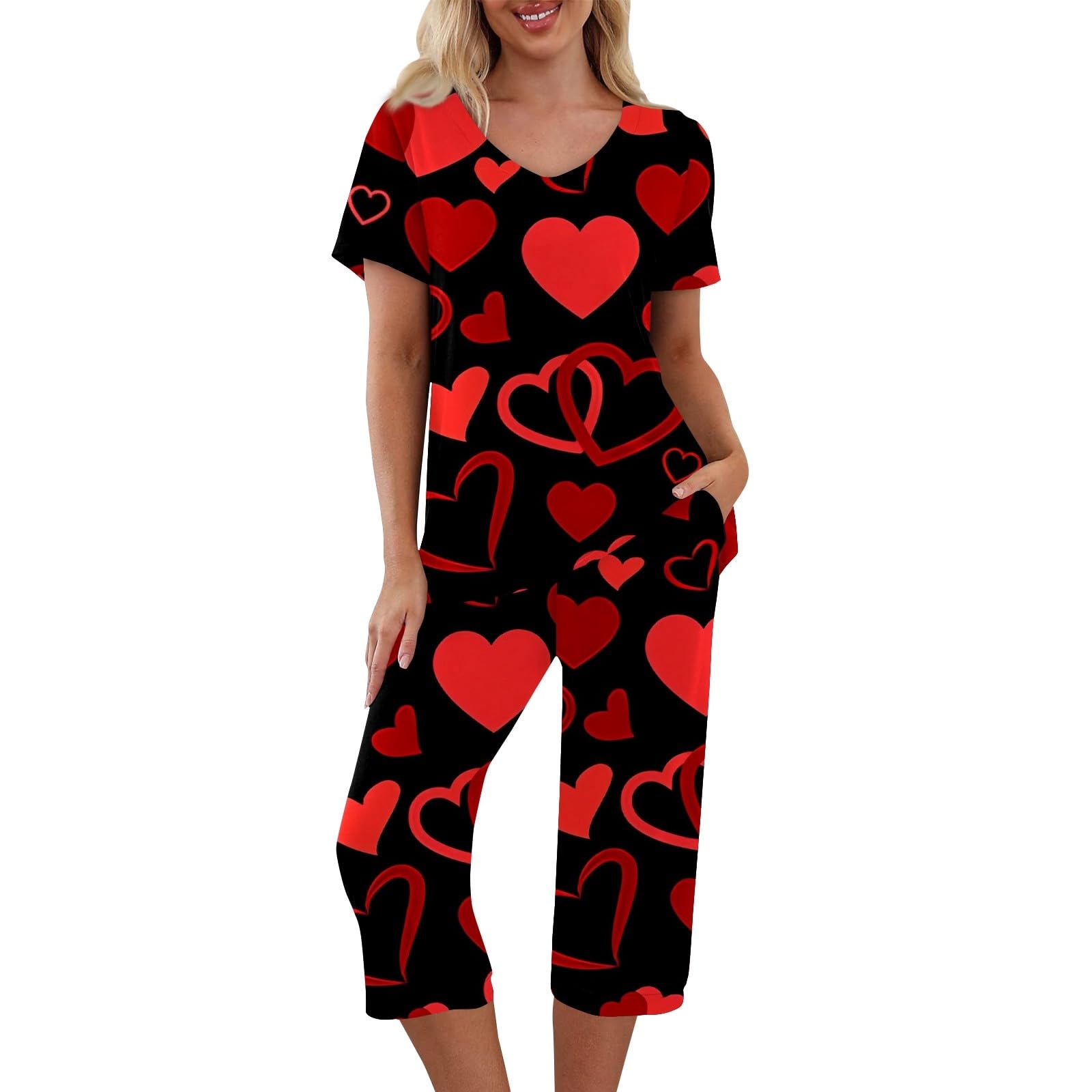 Valentine's Day Pajamas for Women - Cute Heart Print Sleepwear Set, Short Sleeve Top & Pants, 2-Piece Lounge Outfit | Perfect for Valentine's Gifts, Anniversary, Romantic Nights & Cozy Sleepwear