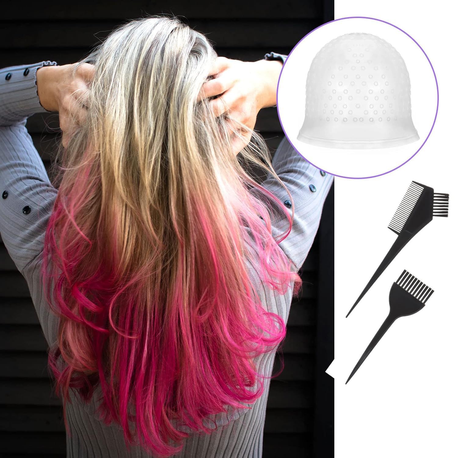 Professional Hair Dyeing Cap with Metal Hook + Hair Coloring Brush & Dye Bowl - Complete Hair Salon Highlighting Kit for Balayage, Ombre & Root Touch Up (Multi-Purpose Styling Tools)
