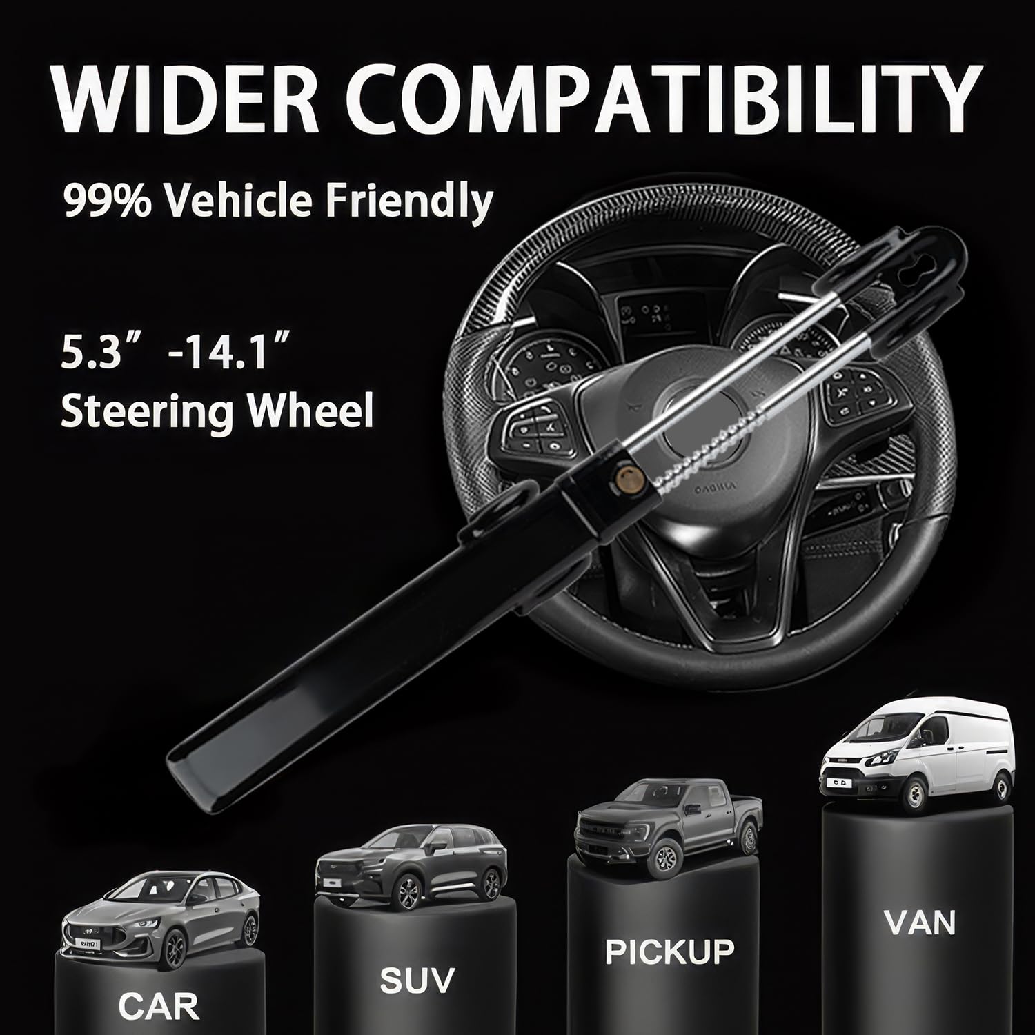 Universal Car Steering Wheel Lock - Adjustable Anti-Theft Device with Double Hooks for Cars, SUVs, Pickup Trucks & Vans (Black) | Secure Parking & Theft Protection for Urban Areas & Road Trips