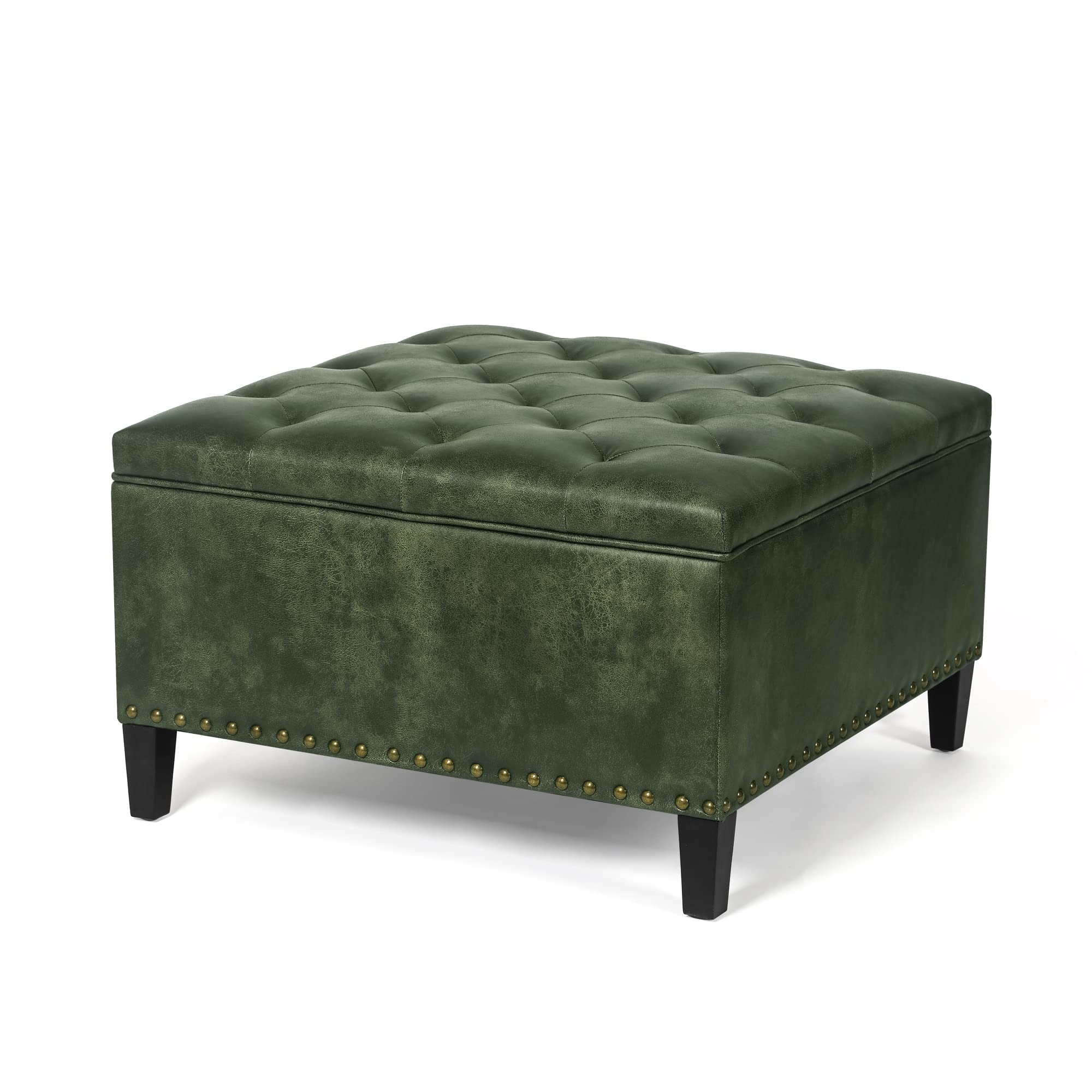Joveco Square Storage Ottoman - PU Leather Upholstered Tufted Bench with Rivet Decor, Wooden Legs Footrest Coffee Table for Living Room, Bedroom & Entryway (Black Green) - Perfect for Extra Seating, Hidden Storage & Home Decor