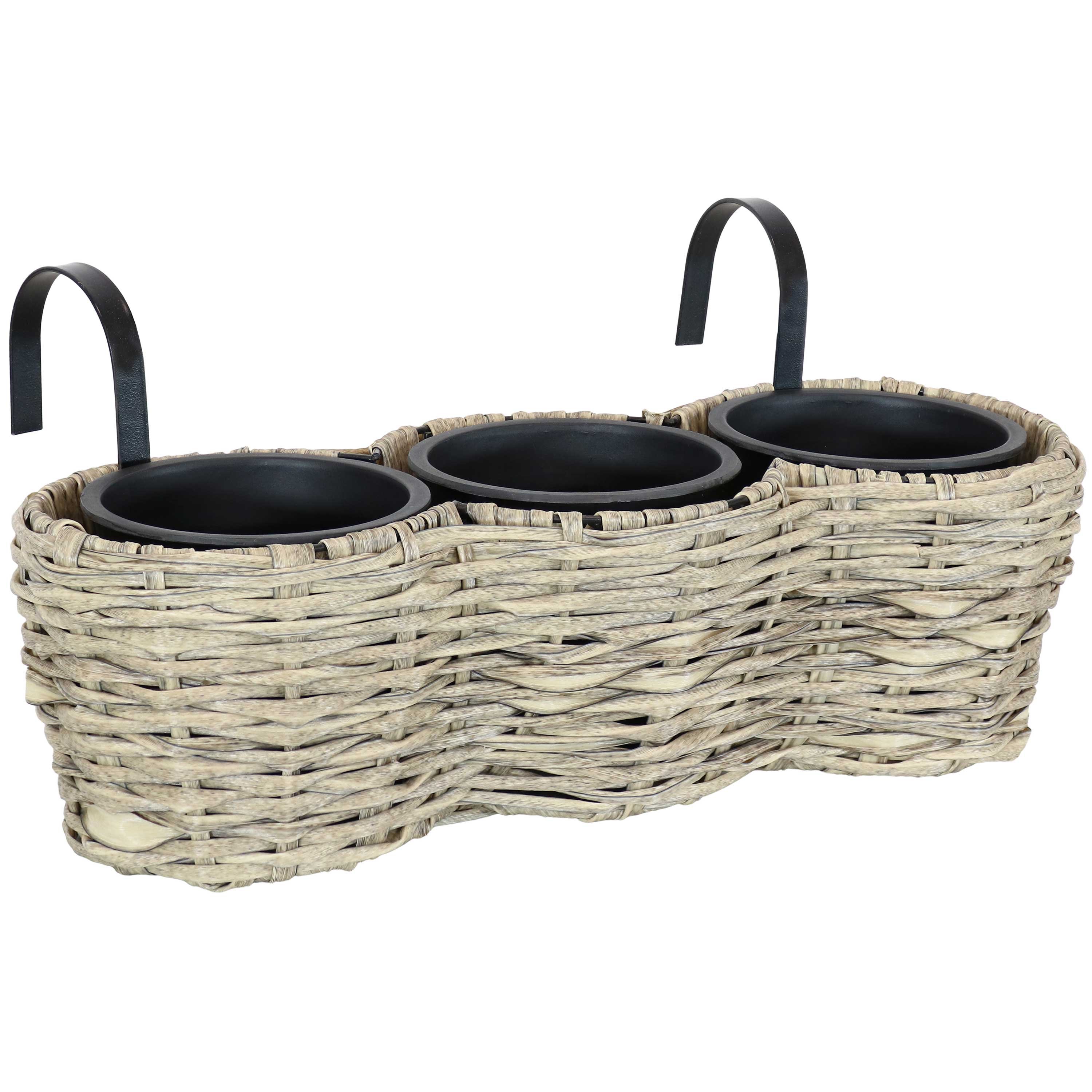 Sunnydaze Round Polyrattan 3-Section Over the Rail Planter - Hanging Flower Box for Balcony, Deck, Porch & Window Railings - Outdoor Garden Decor