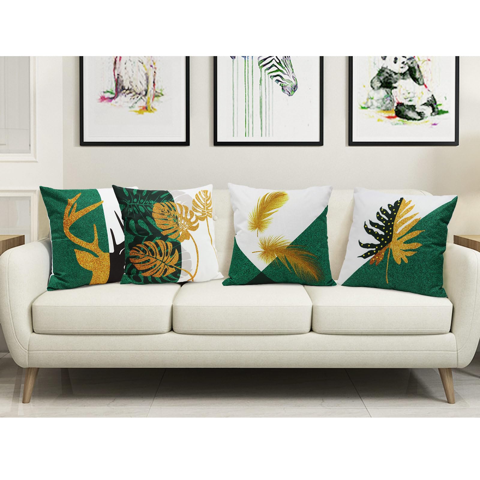 Waterproof Outdoor Pillow Covers Set of 4 - 18x18 Inch Deer & Gold Foil Leaf Design Cotton Linen Cushion Covers - Perfect for Patio Furniture, Garden Decor, Christmas & New Year Home Decoration