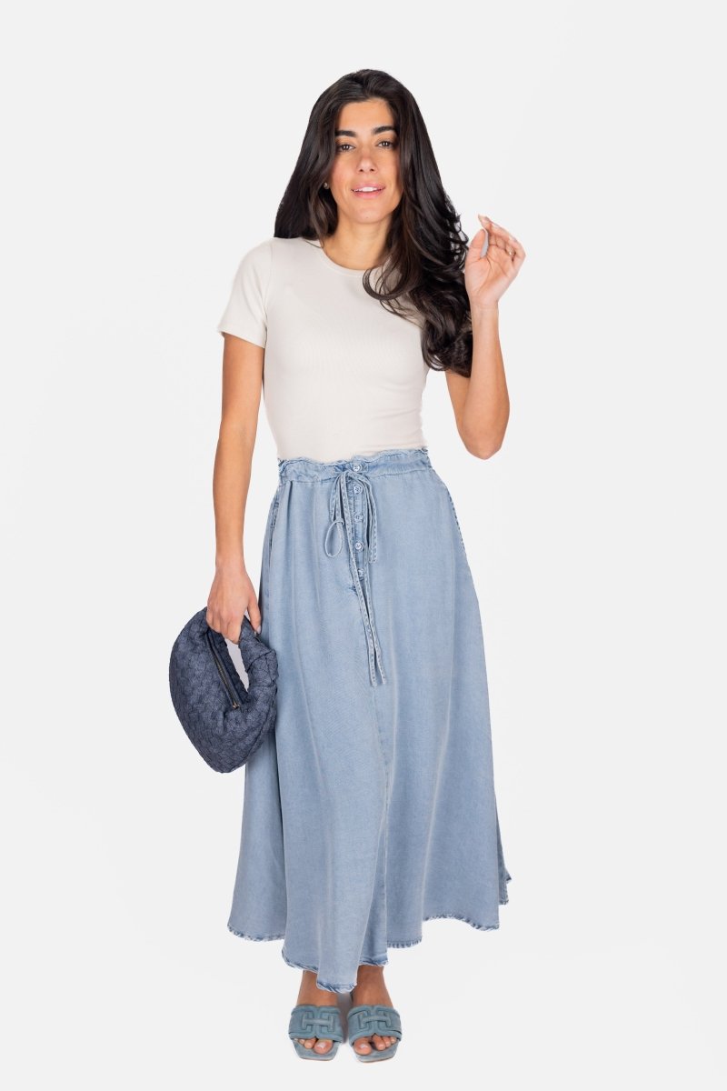 ARIYA Denim Chambray Skirt for Women - Casual A-Line Midi Skirt with Pockets, Comfortable and Stylish for Everyday Wear, Office, and Outings