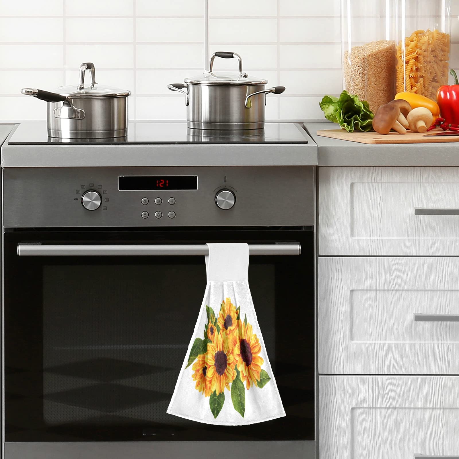 Boccsty Golden Yellow Sunflowers Hanging Kitchen Towels - 2-Piece Set with Green Leaves Hand-Painted Design | Dish Cloths, Hand Towels & Tea Towels for Farmhouse Kitchen, Bathroom Decor | Perfect for Housewarming Gifts & Country Style Home Decor
