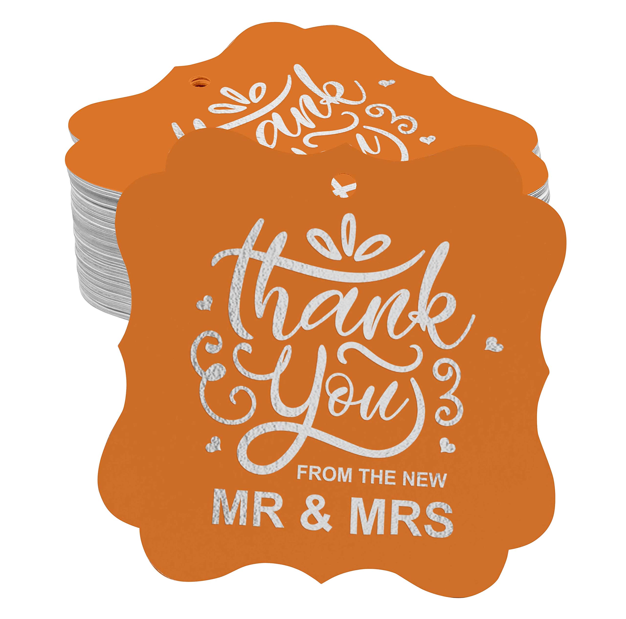 100pcs Real Silver Foil Wedding Thank You Tags - Elegant Bracket Shape Hanging Favor Tags for Wedding Invitations, Bridal Shower, Anniversary & Party Decorations