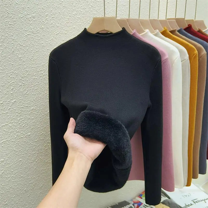 Women's Solid Half High Neck Velvet Sweater - Korean Fashion Warm Knitwear Long Sleeve Pullover Top for Autumn Winter | Cozy Casual Wear, Office Outfits & Holiday Layering