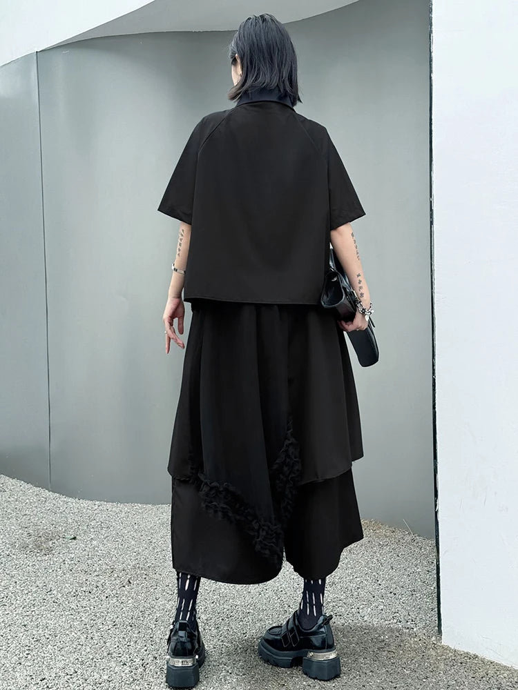 Oversized Black Asymmetrical Mesh Pantsuit Set - Fashionable Lapel Short Sleeve Two Piece Outfit for Women | Spring Summer 2025 Trendy Streetwear | Perfect for Casual Wear, Night Out & Fashion Events