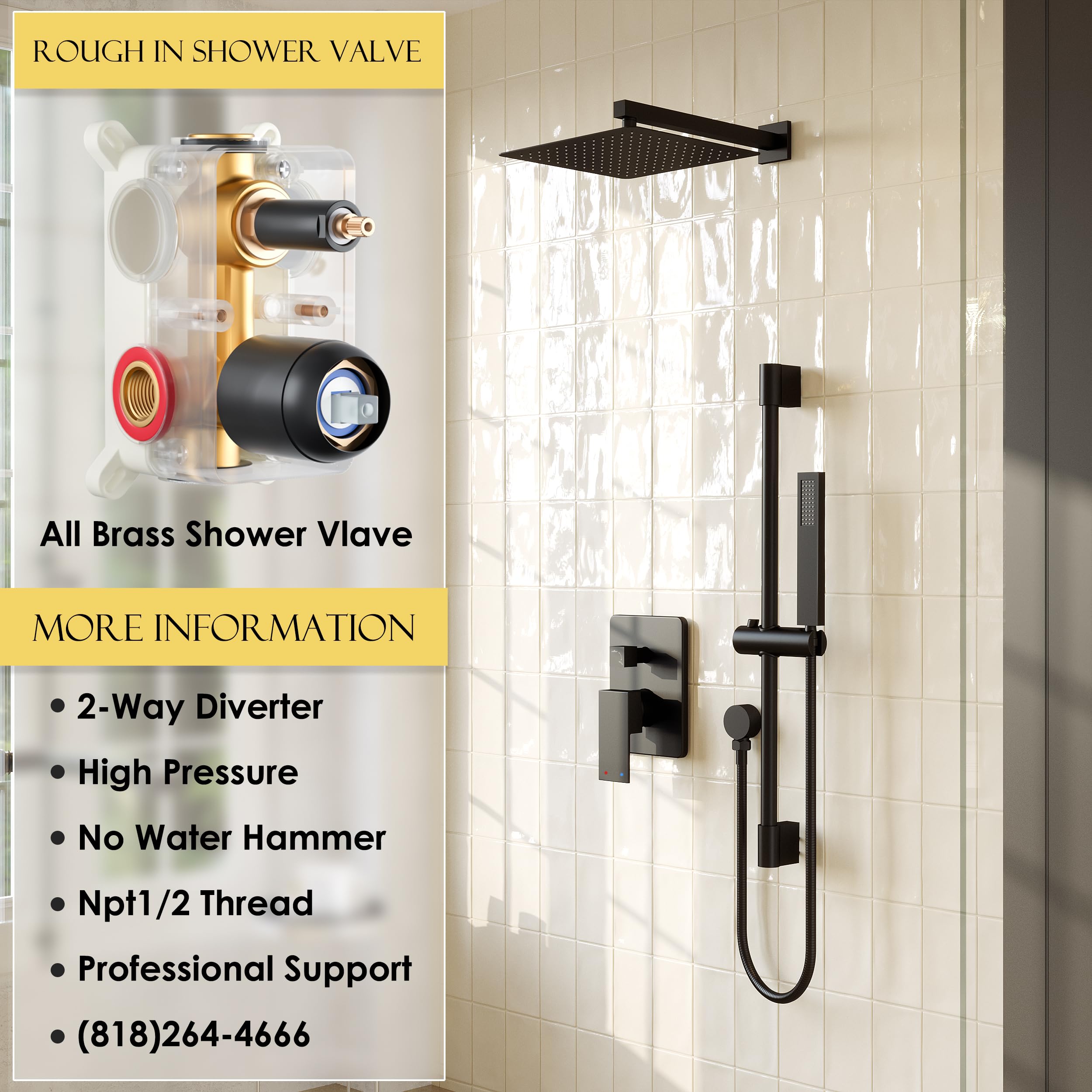 ESNBIA Matte Black Shower System - 10 Inch Rainfall Shower Head & Handheld Spray Combo with Wall Mounted Slide Bar, High Pressure Shower Faucet Set with Valve for Luxurious Bathroom Experience | Perfect for Master Bath, Spa-Like Showers & Modern Home Renovations