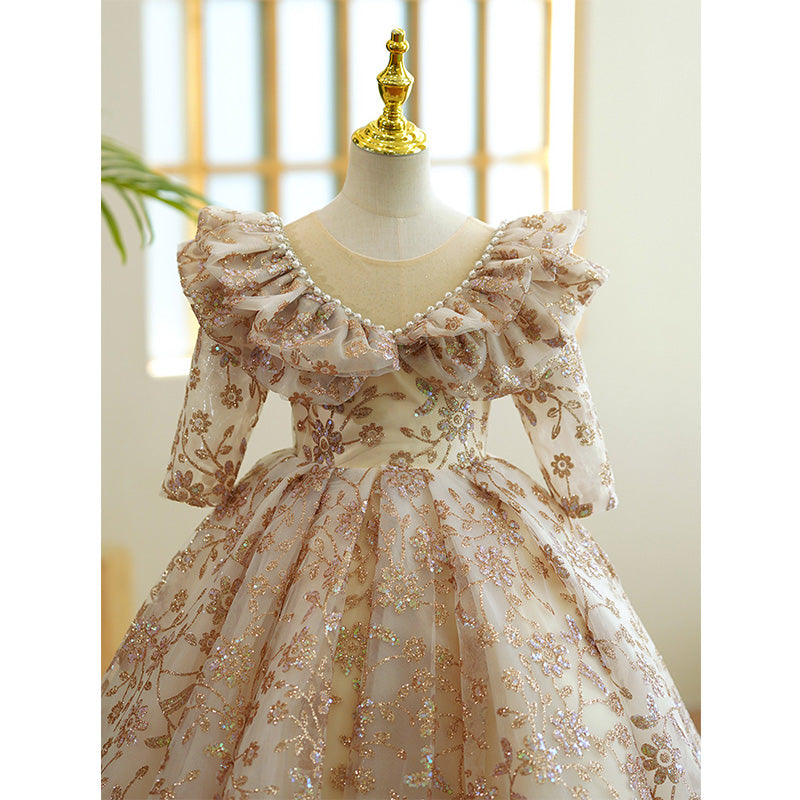 Sparkly Gold Sequin Flower Girl Dress with Long Sleeves - Elegant A-Line Design for Weddings, Pageants & Special Occasions