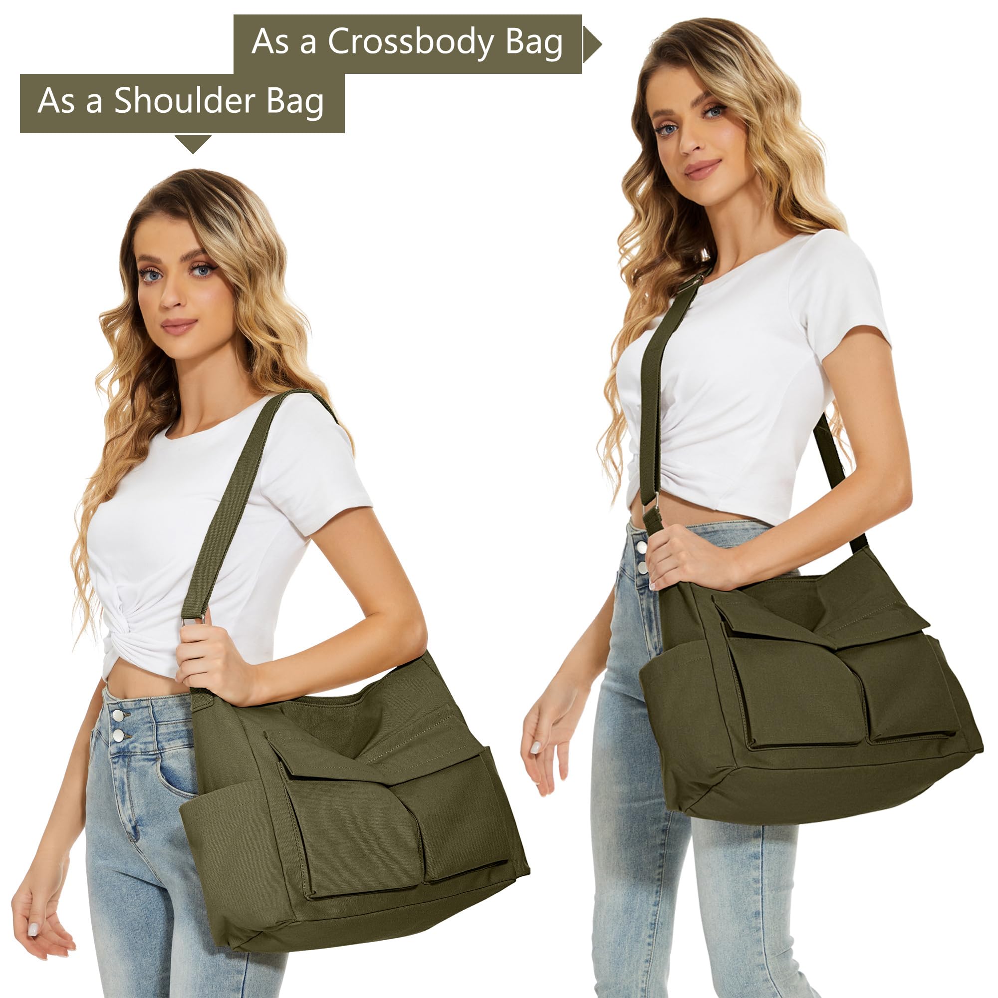 KALIDI Canvas Tote Bag for Women & Men - Large Crossbody Messenger Shoulder Bag - Durable Casual Bag for College, Work & Daily Use - Perfect for Shopping, Travel & Commuting