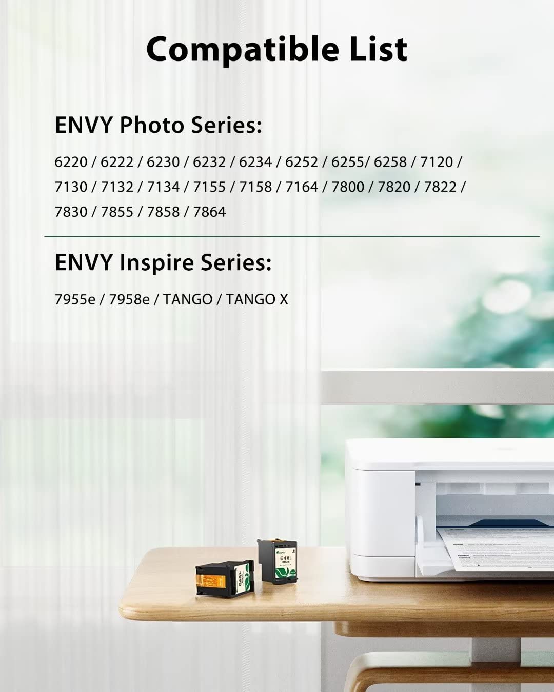 Compatible HP 64XL Black Ink Cartridges (2-Pack) - Works with HP Envy Photo 7855/7858/7155/6255/6252/7100/7800 & Envy Inspire 7900e/7950e/Tango Printers - Perfect for Home Office Printing, Documents & Photo Projects