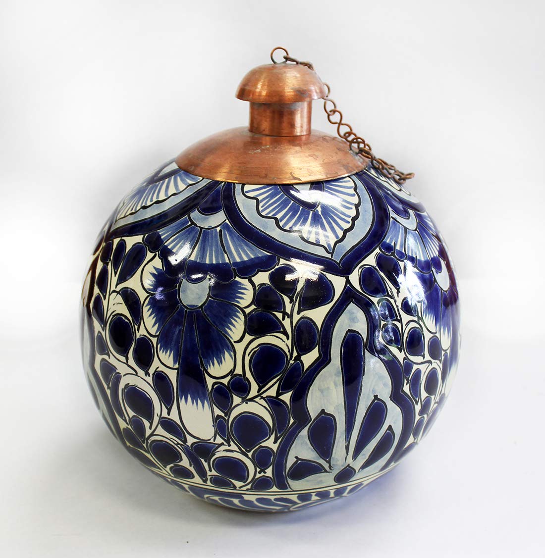 Hand Painted Mexican Ceramic Table Top Torch - Blue Monochrome Design for Outdoor Patio, Garden, and Backyard Decor