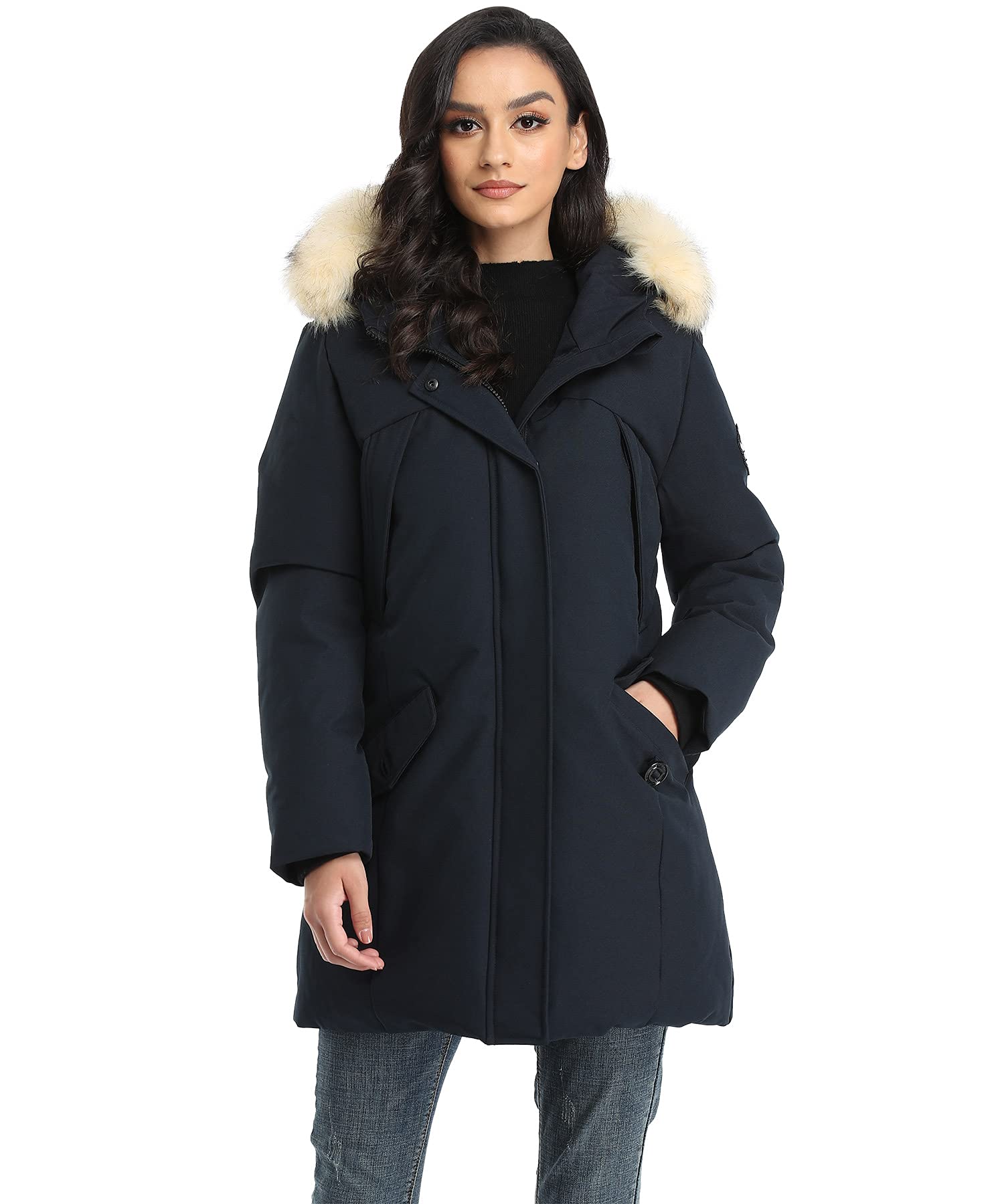 PUREMSX Women's Winter Jacket with Faux Fur Hood - Thick Padded Parka Coat for Cold Weather, Vegan Down Alternative, Warm Long Overcoat for Ladies (XS-XXL) - Perfect for Snow Days, Commuting & Outdoor Activities