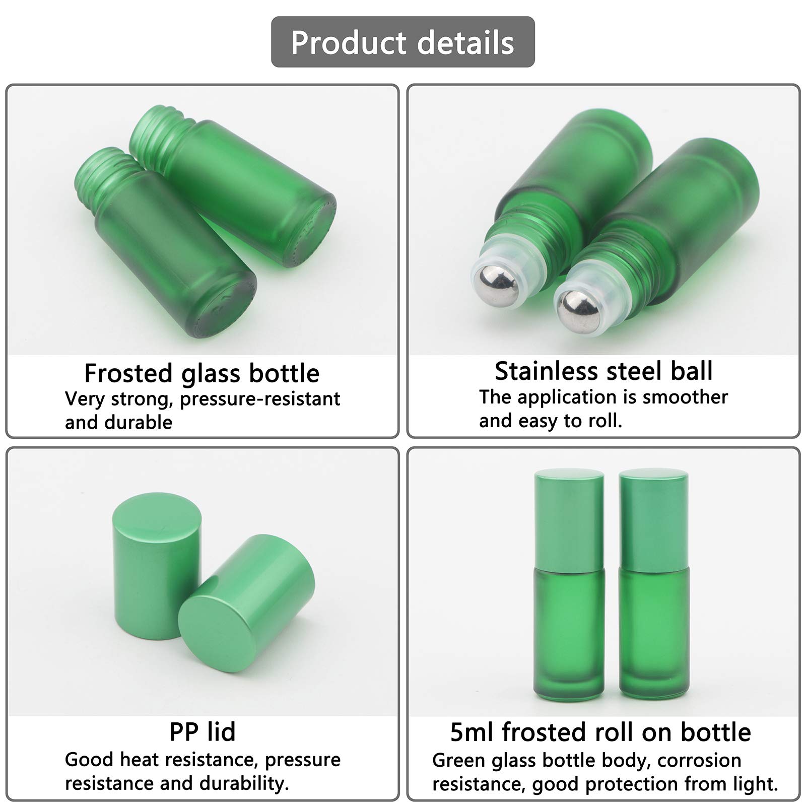 Kesell 10-Pack 5ml Empty Glass Roll On Bottles with Stainless Steel Roller Balls - Green Essential Oil Containers for Aromatherapy, DIY Blends & Travel Skincare