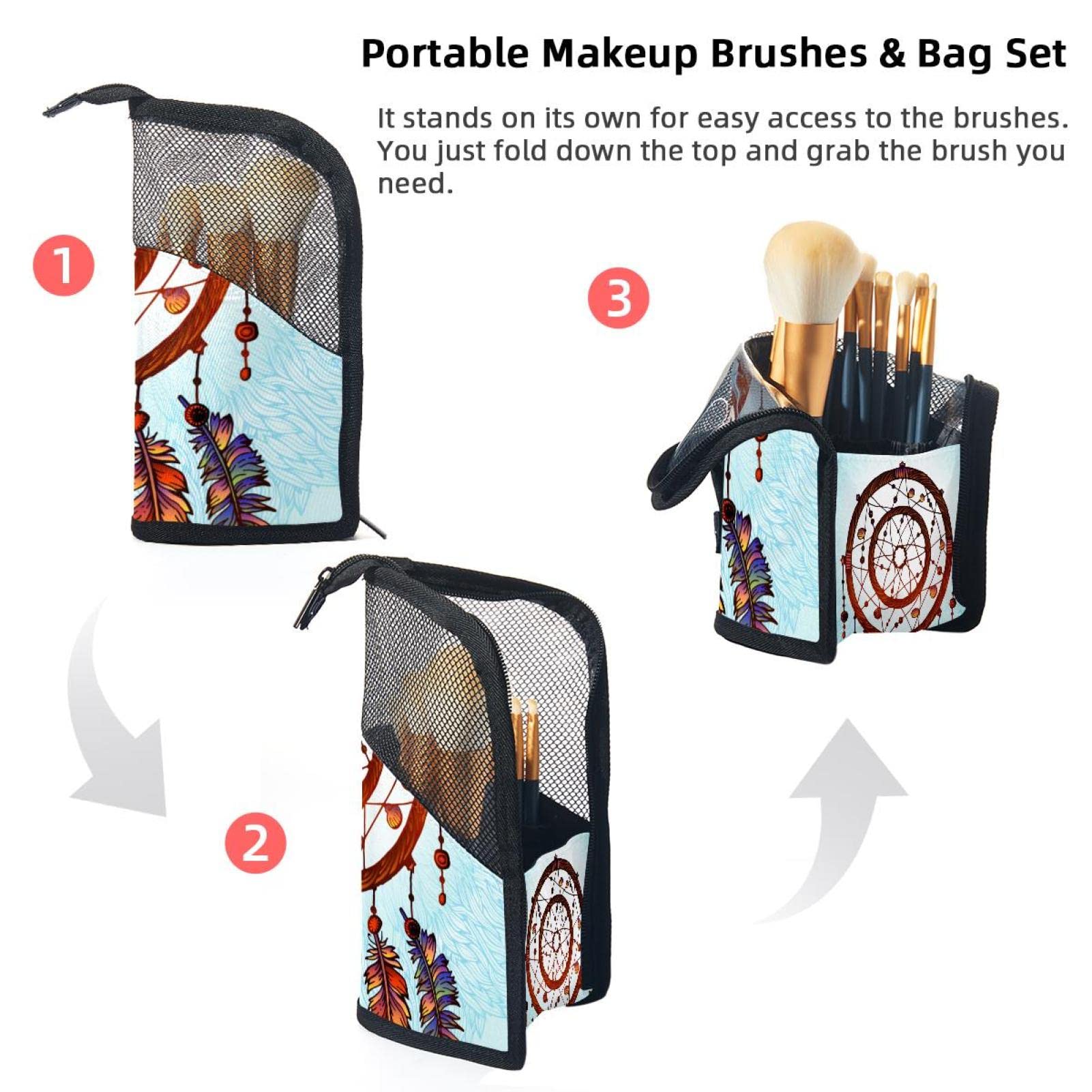 12-Piece Makeup Brush Organizer Bag with Dreamcatcher Ethnic Design - Portable Cosmetic Brush Holder Case for Travel & Home Storage