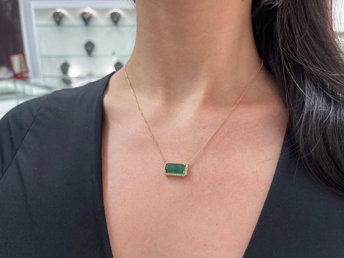 3.91tcw Natural Emerald & Diamond Halo Necklace in 14K Gold - Elegant Jewelry for Weddings, Anniversaries & Special Occasions