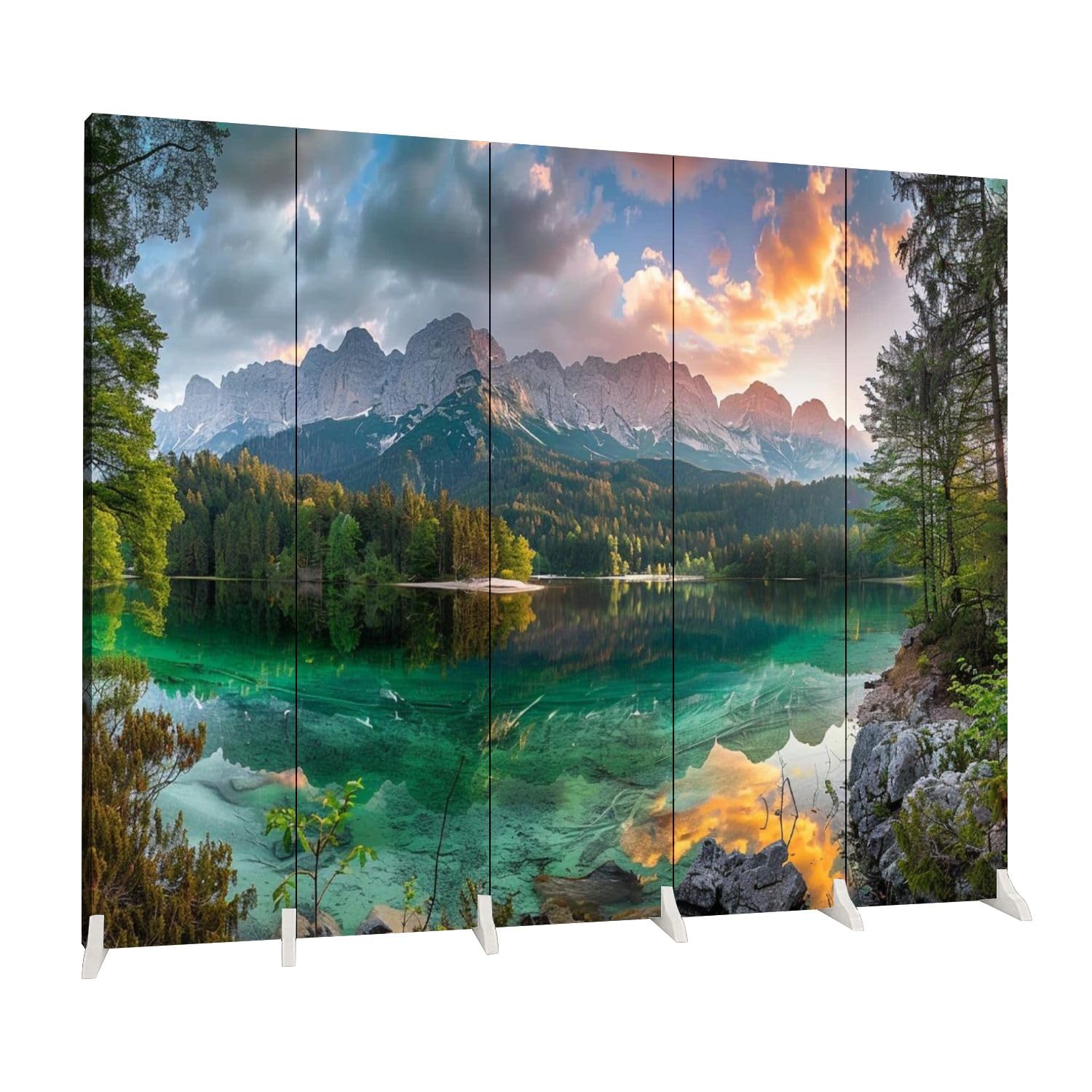 5-Panel Folding Room Divider - Mountain Lake Landscape Canvas Partition Screen for Home & Office - Freestanding Privacy Wall Separator for Living Room, Bedroom, Dorm, or Studio Decor