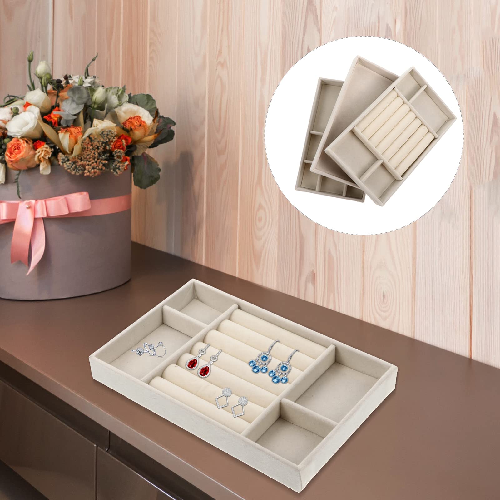 Cabilock 3-Piece Stackable Jewelry Organizer Trays - Drawer Storage for Earrings, Necklaces, Bracelets & Rings - Grey & Beige Display Trays for Home, Travel & Retail Store Organization