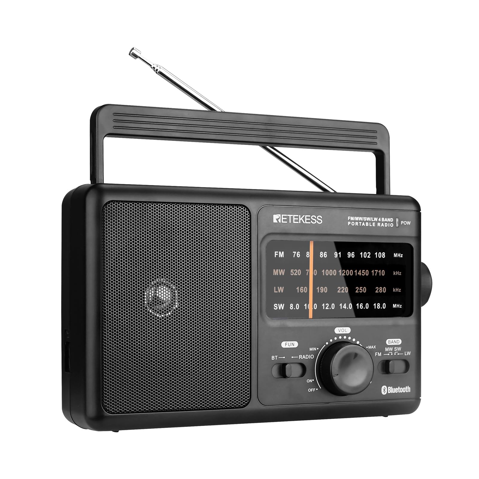 Retekess TR626 Portable AM/FM/LW/SW Radio with Bluetooth, Headphone Jack & Large Speaker - Battery & Mains Powered for Elderly & Home Use (Black) | Great Reception for Indoor/Outdoor Listening, Travel & Emergency Preparedness