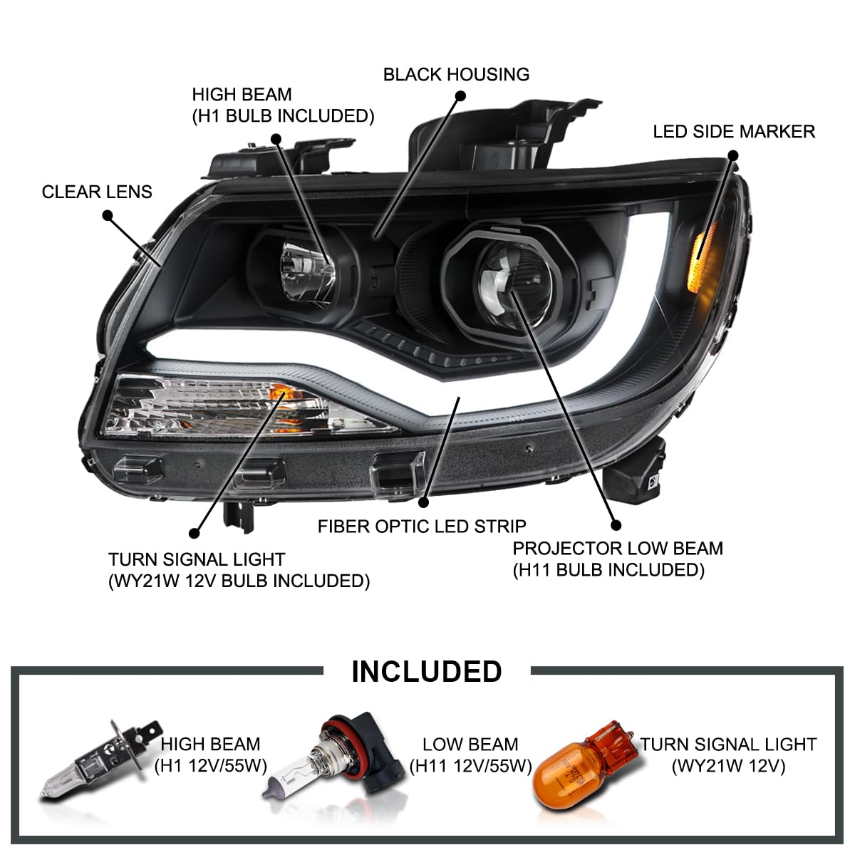 Spec-D Tuning Black LED Light Bar Projector Headlights for 2015-2022 Chevy Colorado - Left & Right Pair Headlamp Assembly - Upgrade Your Truck Lighting for Off-Road & Night Driving