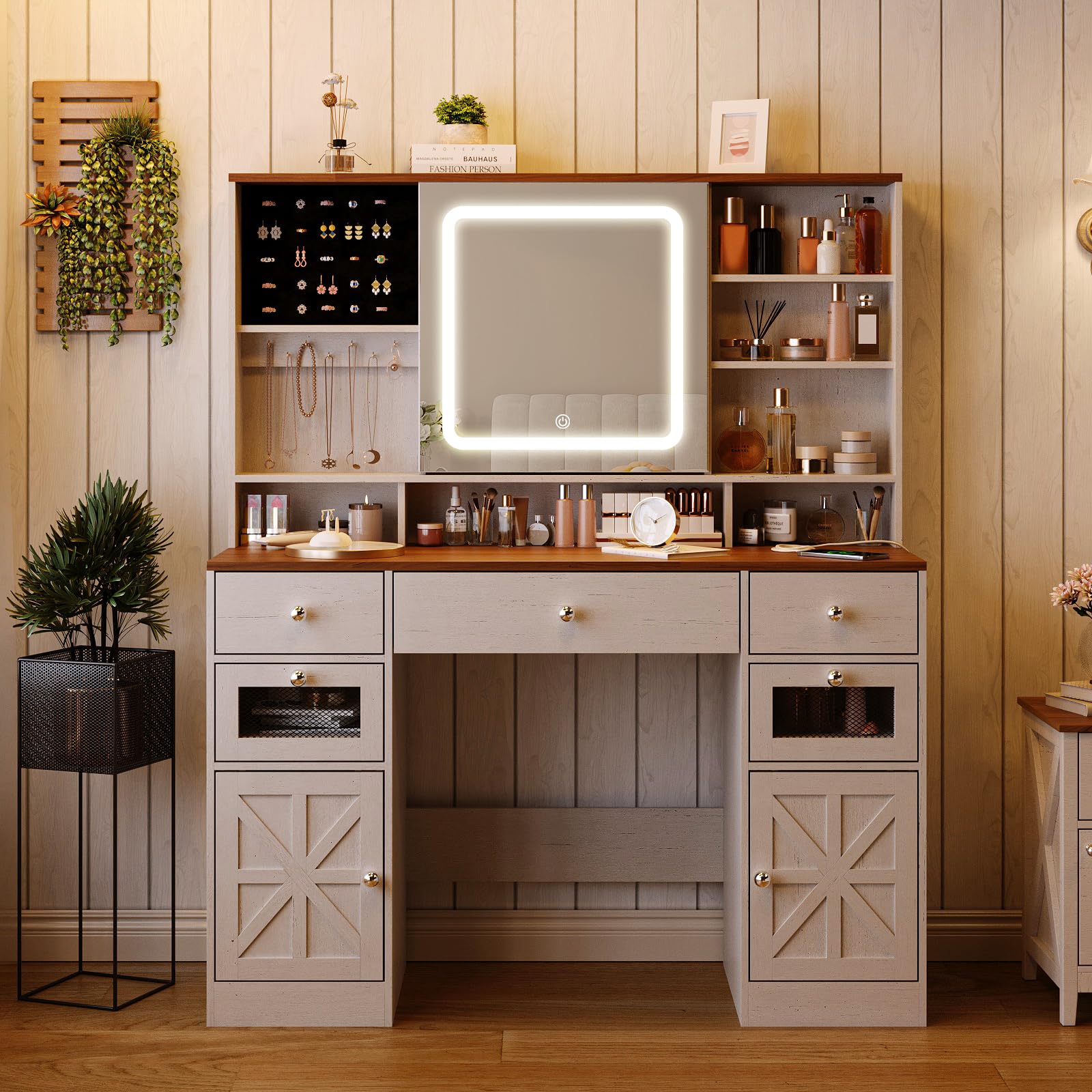 Farmhouse Vanity Desk with Mirror & LED Lights - White Makeup Dressing Table with 5 Drawers, Hidden Storage & USB Charging Station - Rustic Large Bedroom Vanity with Shelves for Cosmetics & Jewelry Organization - Perfect for Master Bedroom, Guest Room & Dressing Area