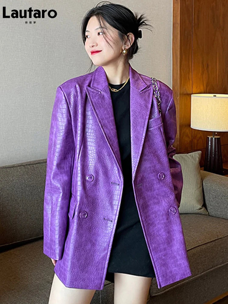 Stylish Oversized Purple Crocodile Print Faux Leather Blazer for Women - Long Sleeve Double Breasted Y2K Fashion Jacket | Perfect for Office Wear, Night Out & Retro Outfits