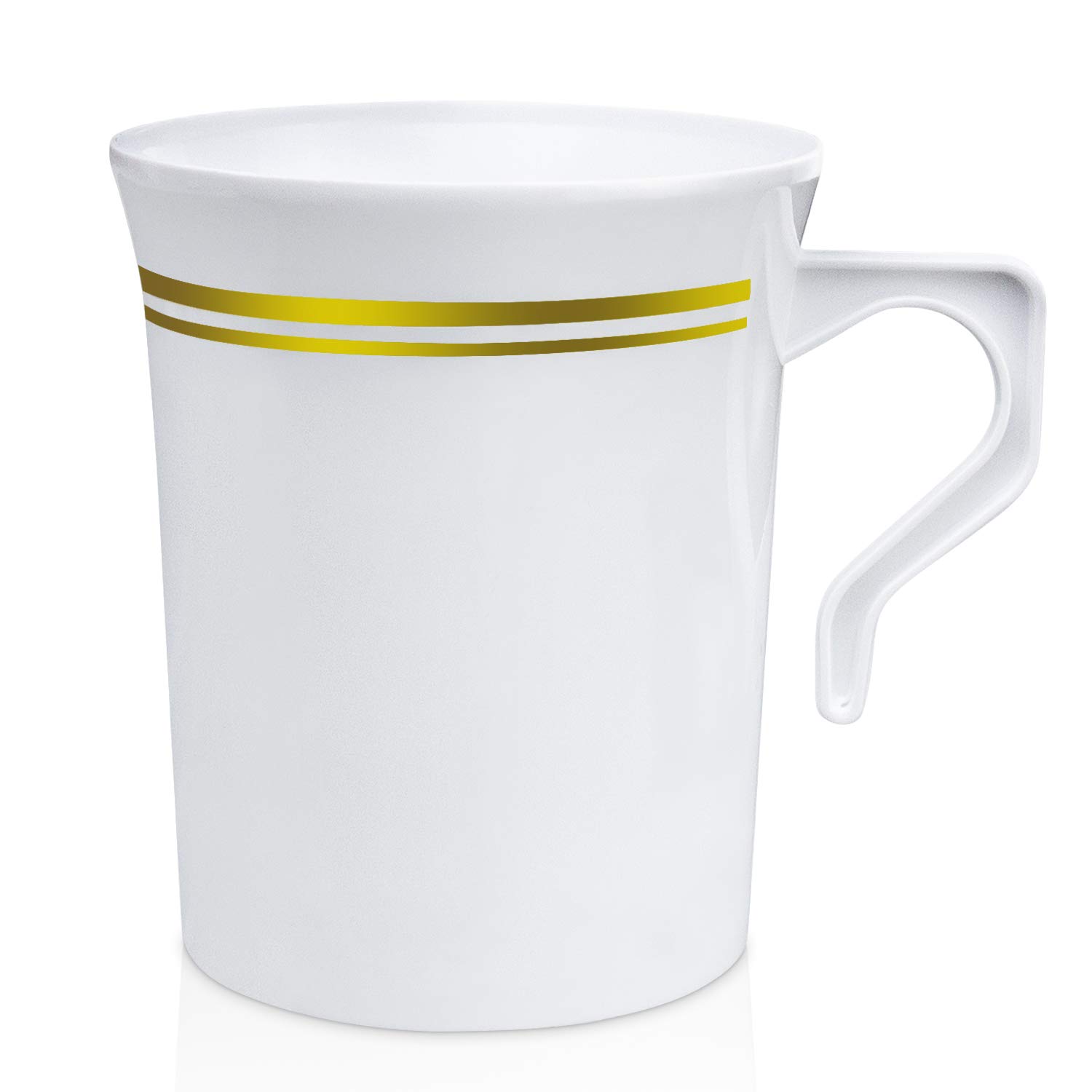 120-Pack 8 oz Disposable Plastic Coffee Cups with Handles - White Gold Rim Tea Cups for Hot/Cold Drinks, Soup, Cappuccino & Espresso | Perfect for Meal Prep, Weddings, Parties, Cafes & Restaurants (Ceramic/Glass Alternative)