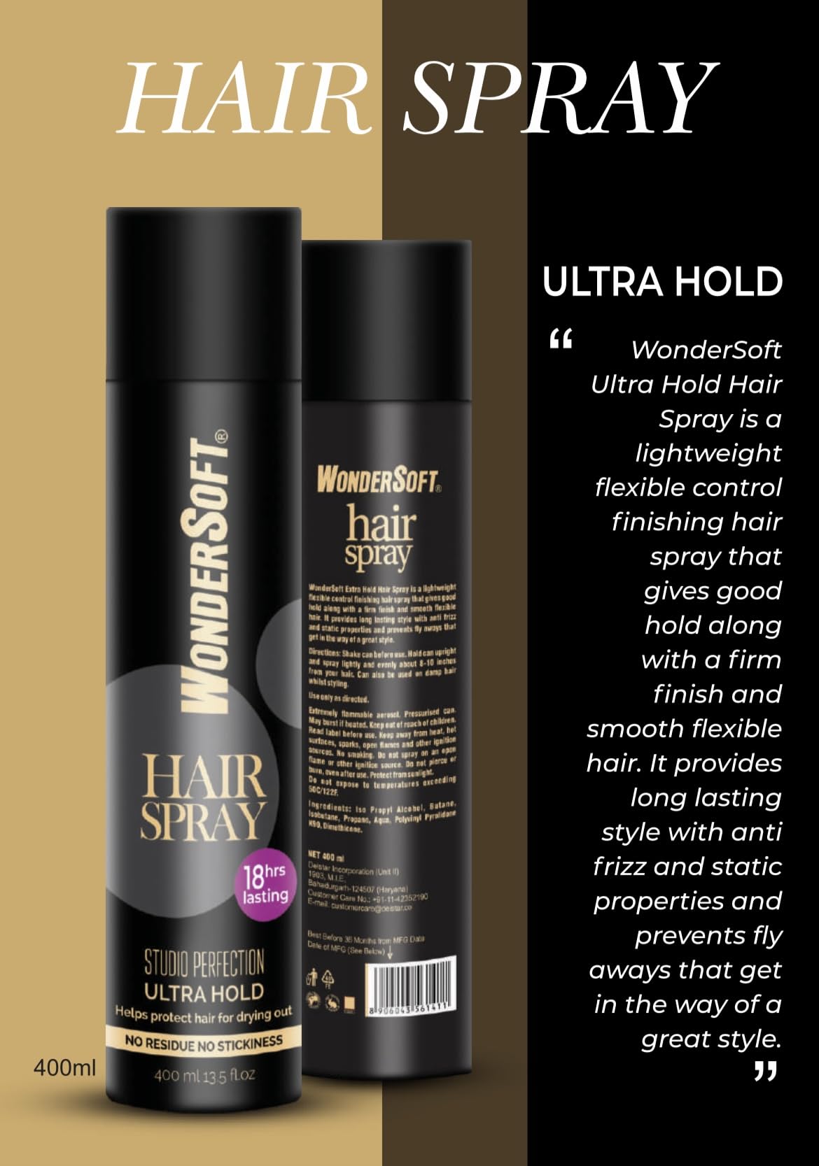 Wondersoft Professional Studio Perfection Hair Styling Spray - 18 Hour Ultra Strong Hold, No Residue & Non-Sticky Formula for All-Day Volume & Control | Perfect for Salon Styling, Weddings, and Special Events