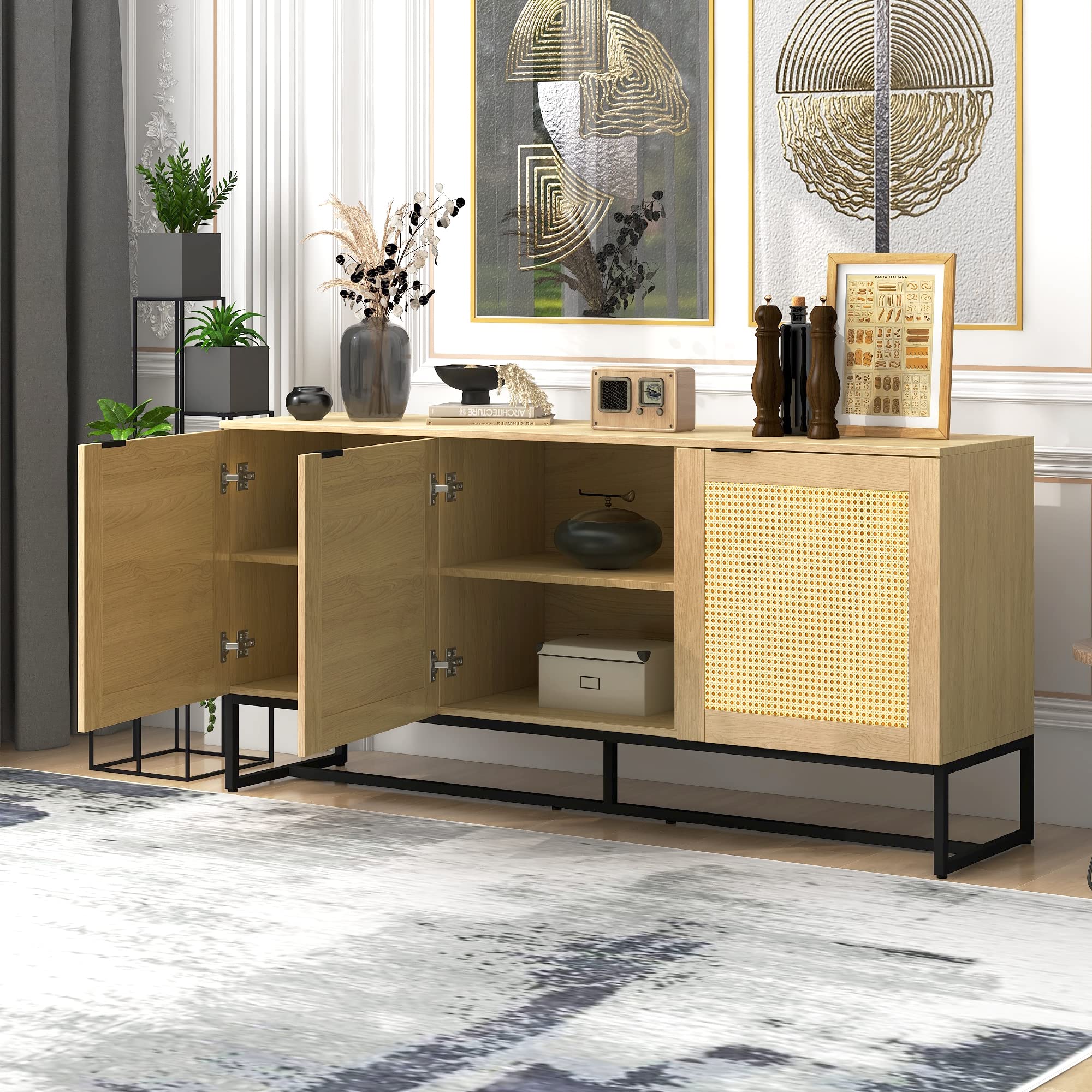 Modern Wicker Console Table with 3 Doors - Iron Support & Wood Grain Surface - 63