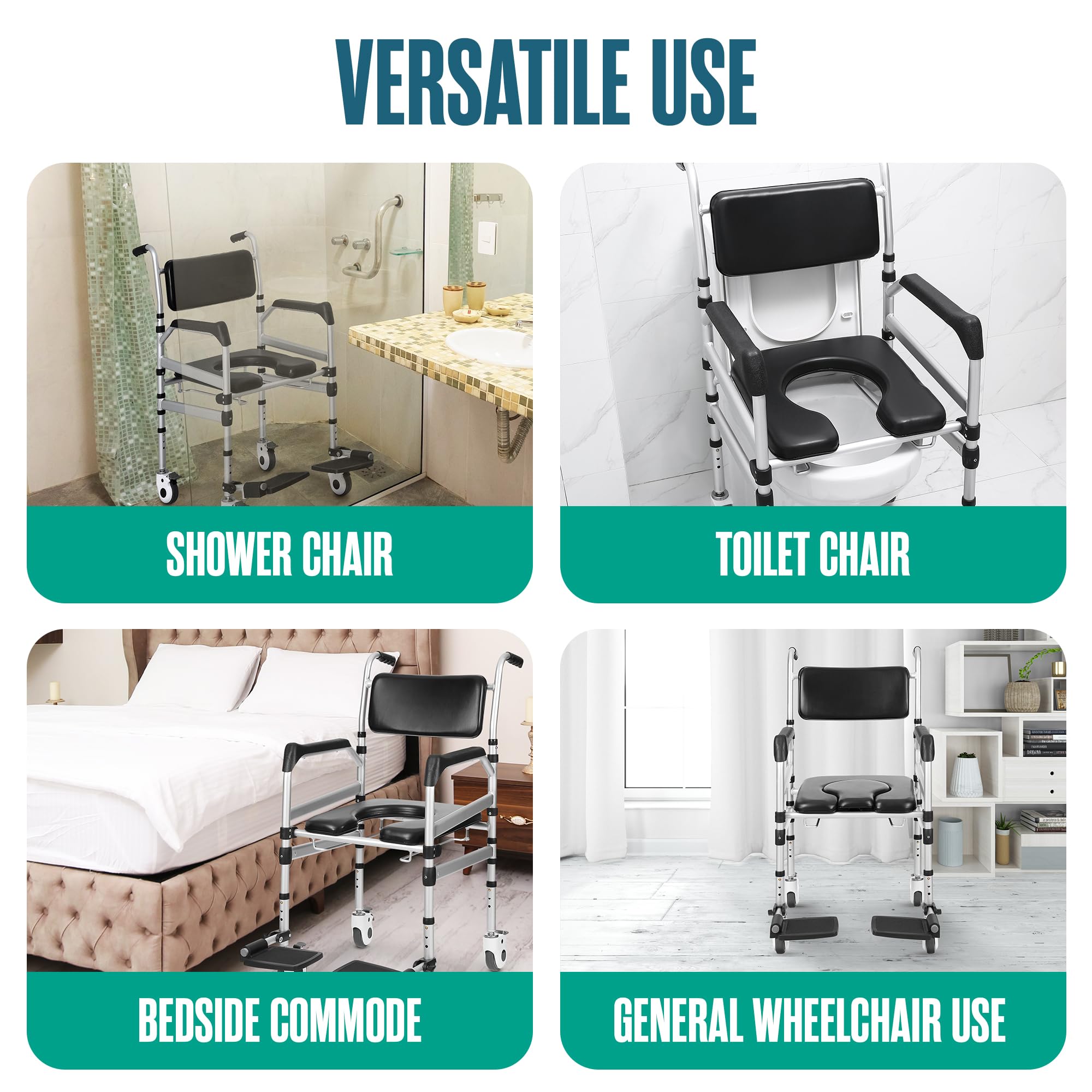 Houseables Adjustable Height Shower Chair with Wheels - Rolling Shower Wheelchair for Elderly & Handicap - Portable Bath Commode Chair for Safe Bathing & Bedside Toilet Use - Ideal for Seniors, Disabled & Post-Surgery Recovery at Home