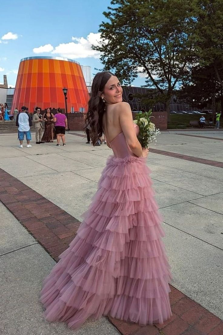 Elegant A-Line Sweetheart Neckline Pink Layered Tulle Long Prom Dress J4270 - Perfect for Homecoming, Formal Dances & Special Occasions