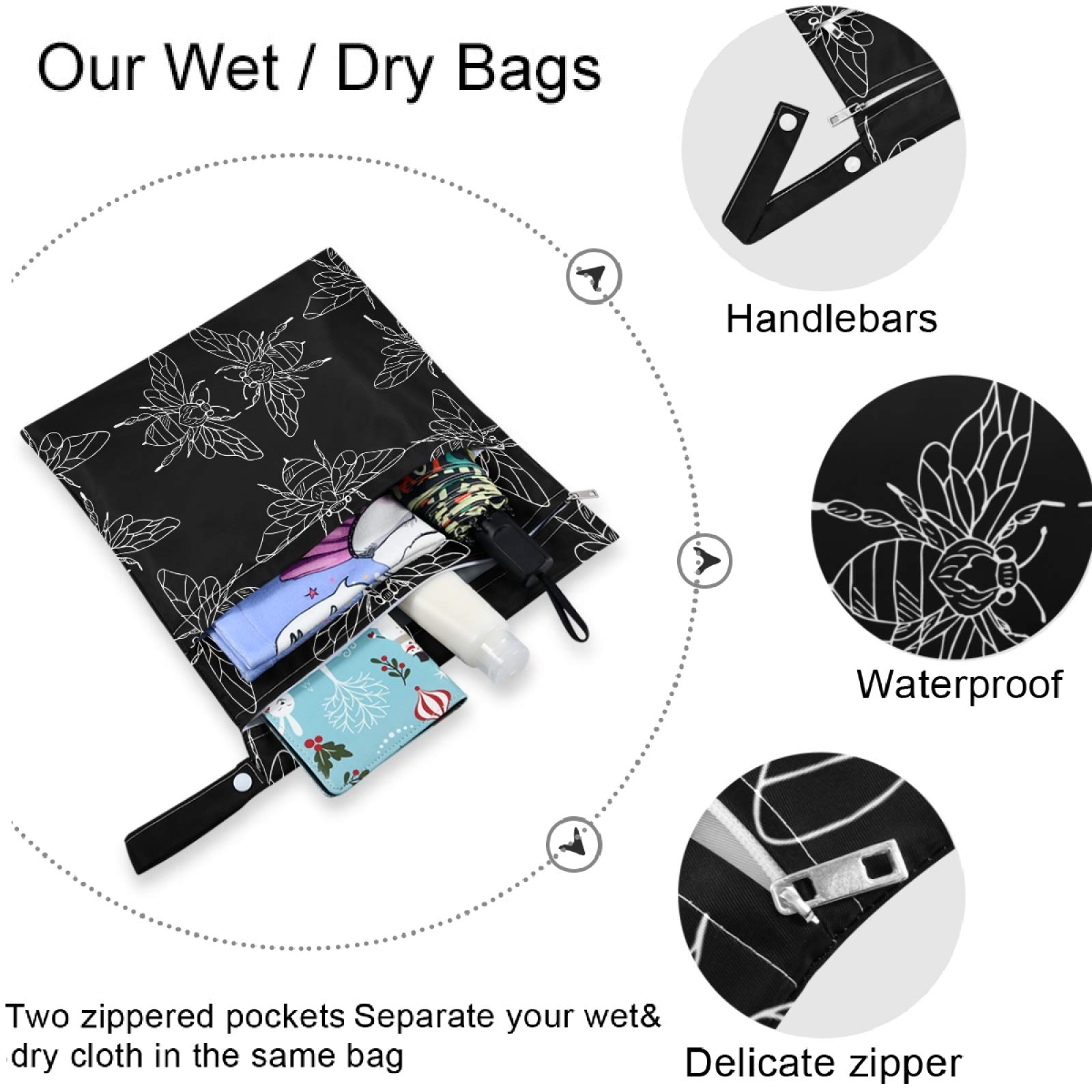 Visesunny Black Bee Doodle 2-Pack Waterproof Wet Bags with Zippered Pockets - Reusable & Washable Storage for Travel, Beach, Pool, Gym, Daycare - Perfect for Wet Swimsuits, Dirty Clothes, Diapers & Toiletries - Ideal for Strollers, Sports & Outdoor Activities